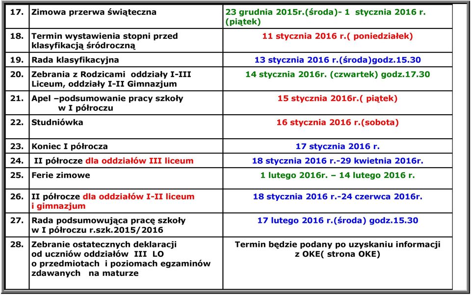 (czwartek) godz.17.30 15 stycznia 2016r.( piątek) 22. Studniówka 16 stycznia 2016 r.(sobota) 23. Koniec I półrocza 17 stycznia 2016 r. 24. II półrocze dla oddziałów III liceum 18 stycznia 2016 r.