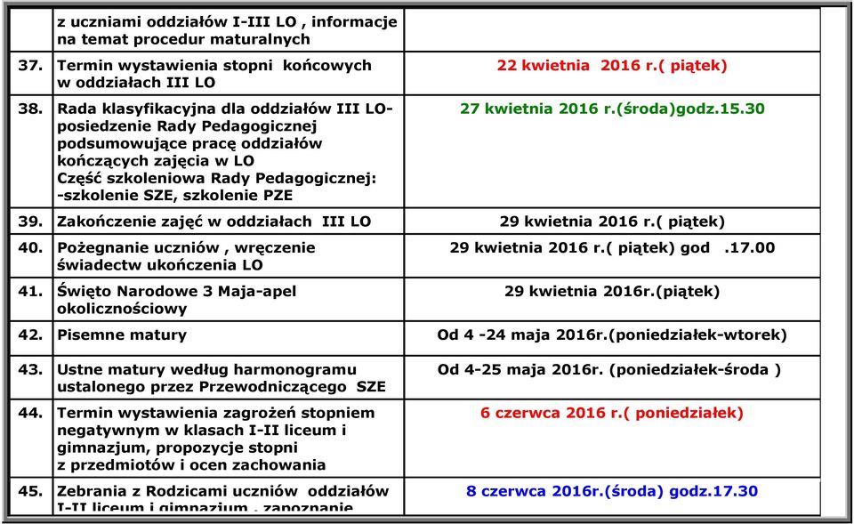 kwietnia 2016 r.( piątek) 27 kwietnia 2016 r.(środa)godz.15.30 39. Zakończenie zajęć w oddziałach III LO 29 kwietnia 2016 r.( piątek) 40. Pożegnanie uczniów, wręczenie świadectw ukończenia LO 41.