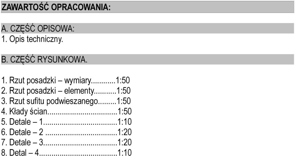 Rzut posadzki elementy...1:50 3. Rzut sufitu podwieszanego...1:50 4.