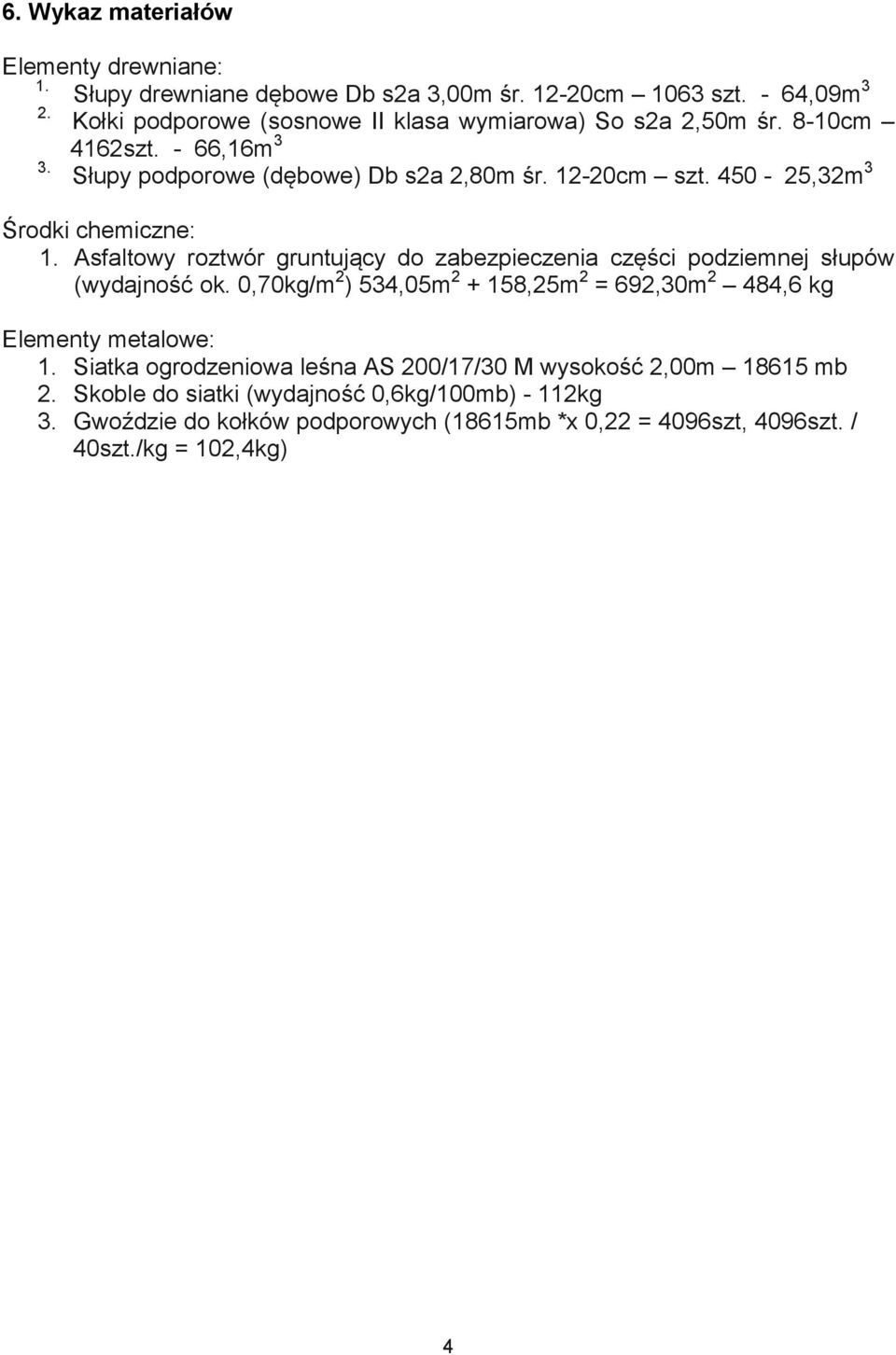 450-25,32m 3 Środki chemiczne: 1. Asfaltowy roztwór gruntujący do zabezpieczenia części podziemnej słupów (wydajność ok.