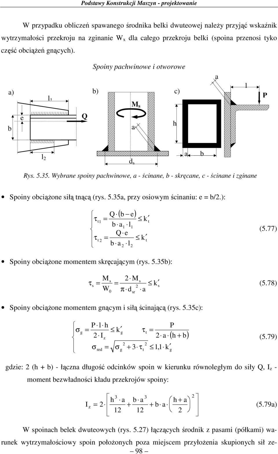 ): 1 ( b e) Q b1 l Qe b l 1 k k (5.77) Spoiny obciążone momenem skręcjącym (rys. 5.35b): M M s s s k s (5.78) W0 πdsr Spoiny obciążone momenem nącym i siłą ścinjącą (rys. 5.35c): l h k I red + 3 1,1 k ( h + b) (5.