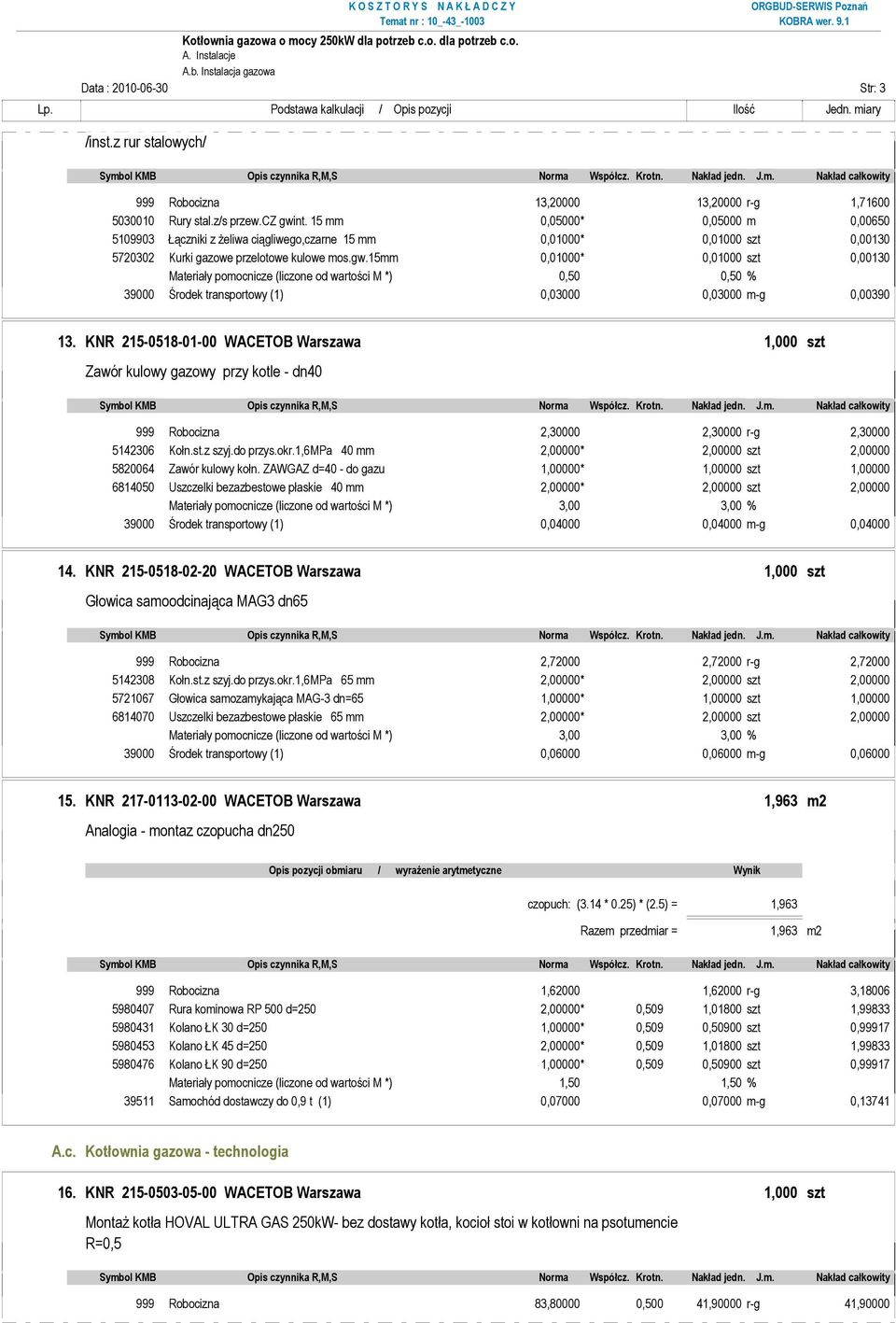 15mm 0,01000* 0,01000 szt 0,00130 Materiały pomocnicze (liczone od wartości M *) 0,50 0,50 % 39000 Środek transportowy (1) 0,03000 0,03000 m-g 0,00390 13.