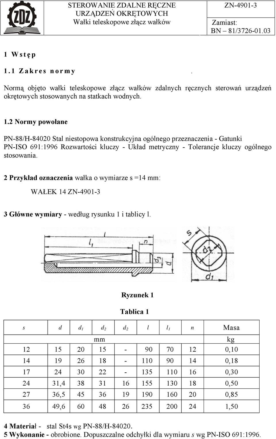 2 Normy powołane PN-88/H-84020 Stal niestopowa konstrukcyjna ogólnego przeznaczenia - Gatunki PN-ISO 691:1996 Rozwartości kluczy - Układ metryczny - Tolerancje kluczy ogólnego stosowania.