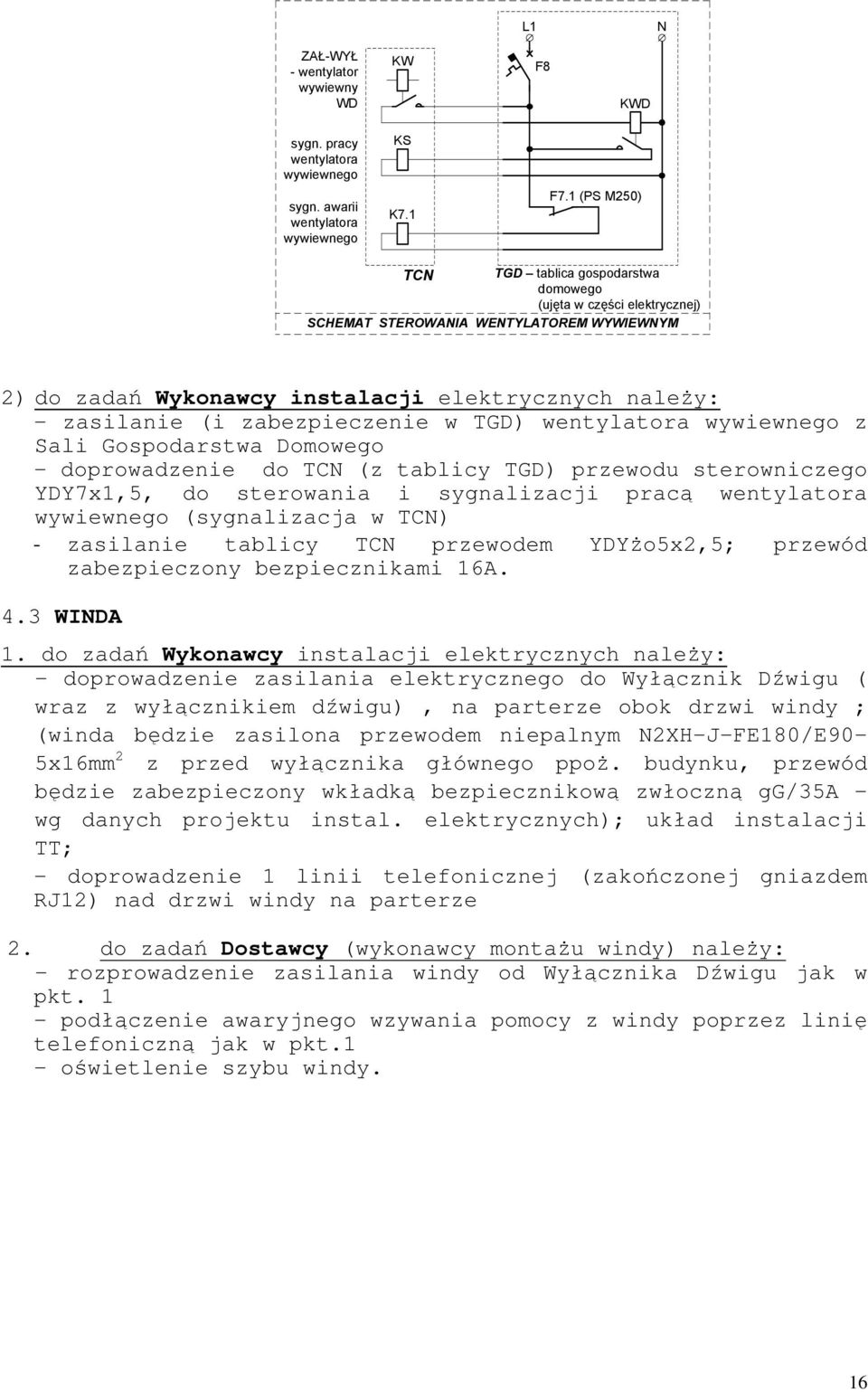 wywiewnego z Sli Gospodrstw Domowego - doprowdzenie do TC (z tlicy TGD) przewodu sterowniczego YDY7x1,5, do sterowni i sygnlizcji prcą wentyltor wywiewnego (sygnlizcj w TC) - zsilnie tlicy TC