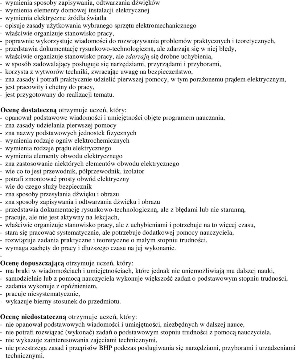 rysunkowotechnologiczną, ale zdarzają się w niej błędy, właściwie organizuje stanowisko pracy, ale zdarzają się drobne uchybienia, w sposób zadowalający posługuje się narzędziami, przyrządami i