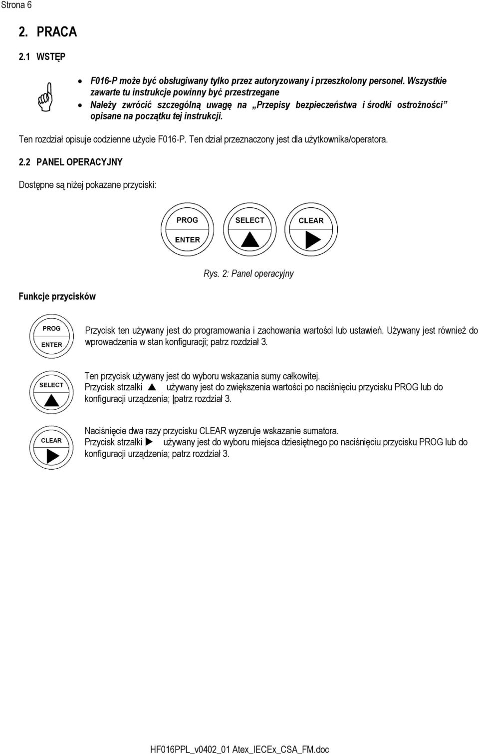 Ten rozdział opisuje codzienne użycie F016-P. Ten dział przeznaczony jest dla użytkownika/operatora. 2.2 PANEL OPERACYJNY Dostępne są niżej pokazane przyciski: Funkcje przycisków Rys.