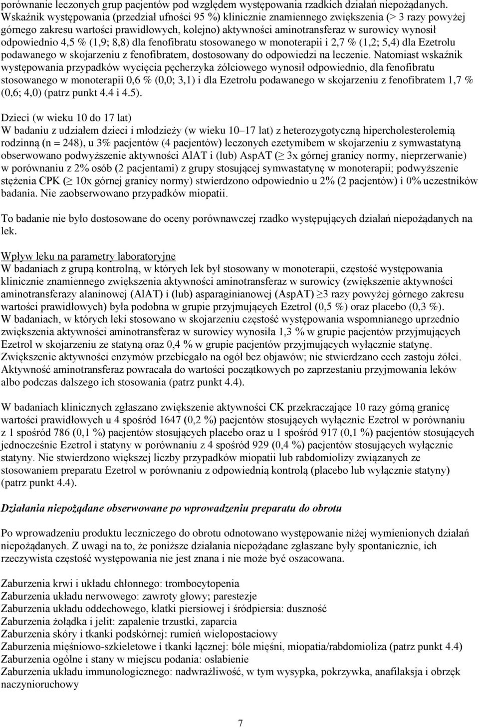 odpowiednio 4,5 % (1,9; 8,8) dla fenofibratu stosowanego w monoterapii i 2,7 % (1,2; 5,4) dla Ezetrolu podawanego w skojarzeniu z fenofibratem, dostosowany do odpowiedzi na leczenie.