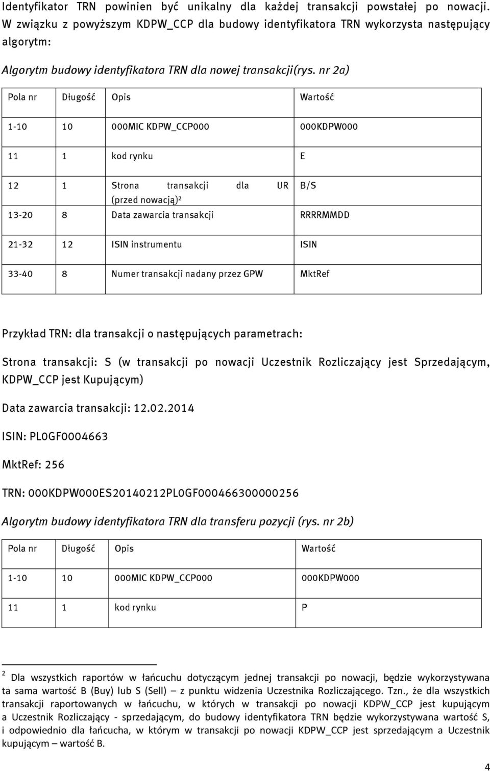 nr 2a) Pola nr Długość Opis Wartość 1-10 10 000MIC KDPW_CCP000 000KDPW000 11 1 kod rynku E 12 1 Strona transakcji dla UR B/S (przed nowacją) 2 13-20 8 Data zawarcia transakcji RRRRMMDD 21-32 12 ISIN