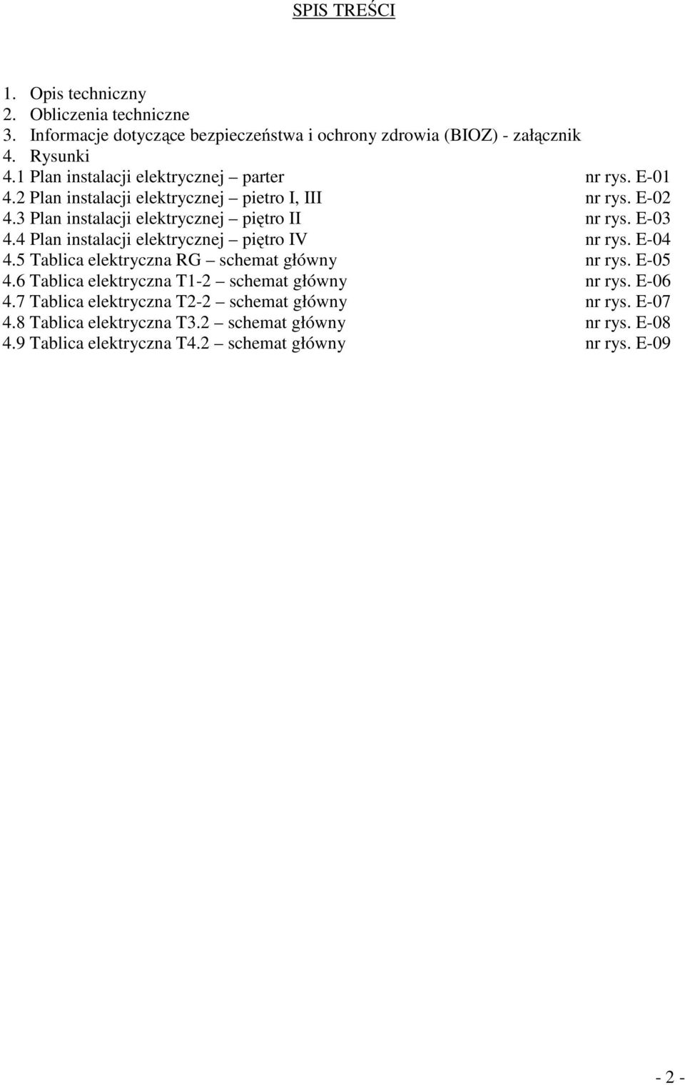 E-03 4.4 Plan instalacji elektrycznej piętro IV nr rys. E-04 4.5 Tablica elektryczna RG schemat główny nr rys. E-05 4.