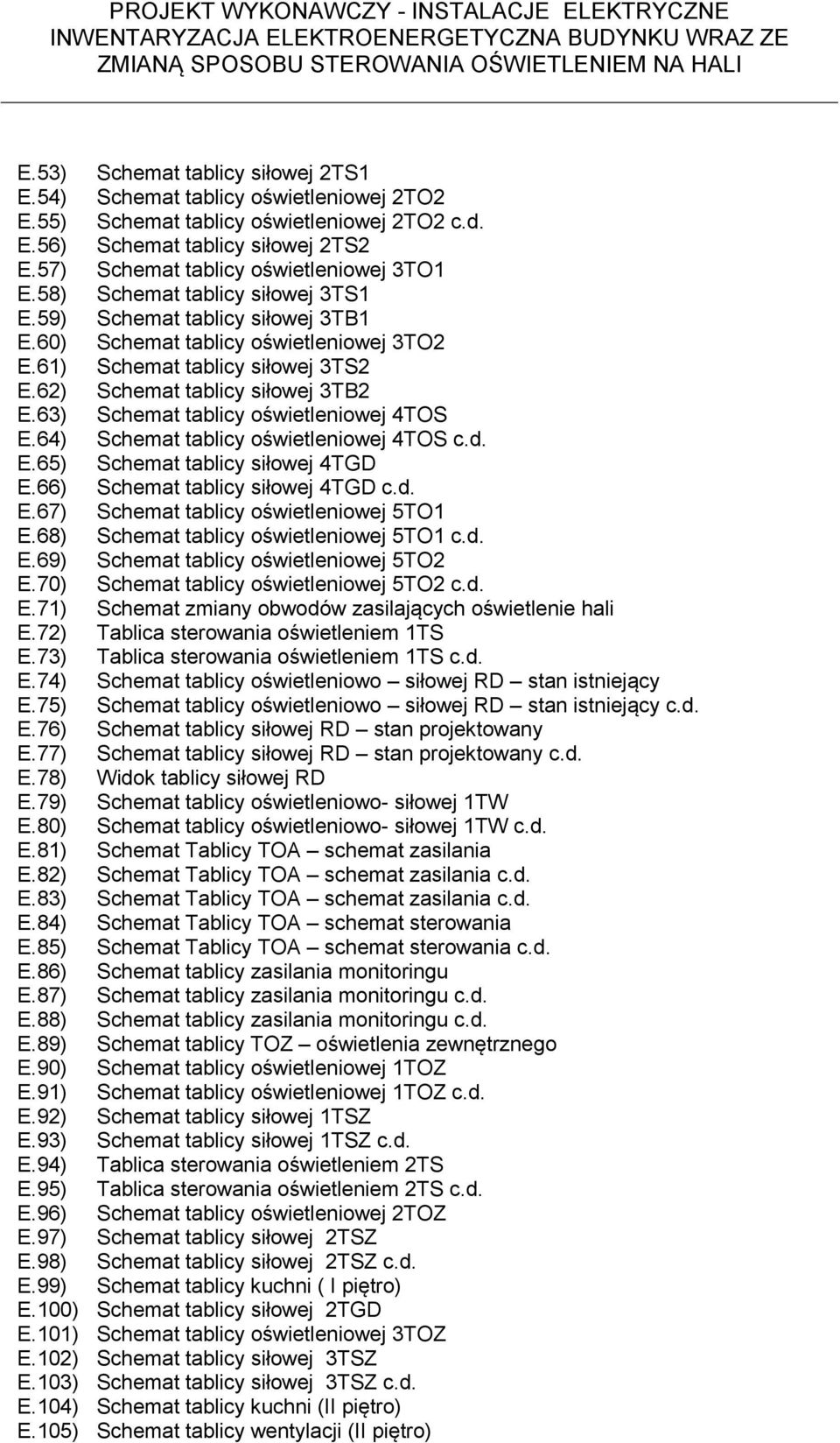 62) Schemat tablicy siłowej 3TB2 E.63) Schemat tablicy oświetleniowej 4TOS E.64) Schemat tablicy oświetleniowej 4TOS c.d. E.65) Schemat tablicy siłowej 4TGD E.66) Schemat tablicy siłowej 4TGD c.d. E.67) Schemat tablicy oświetleniowej 5TO1 E.