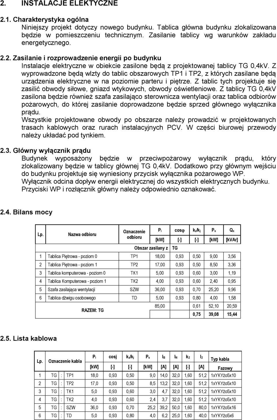 Z wyprowadzone będą wlzty do tablic obszarowych TP1 i TP2, z których zasilane będą urządzenia elektryczne w na poziomie parteru i piętrze.