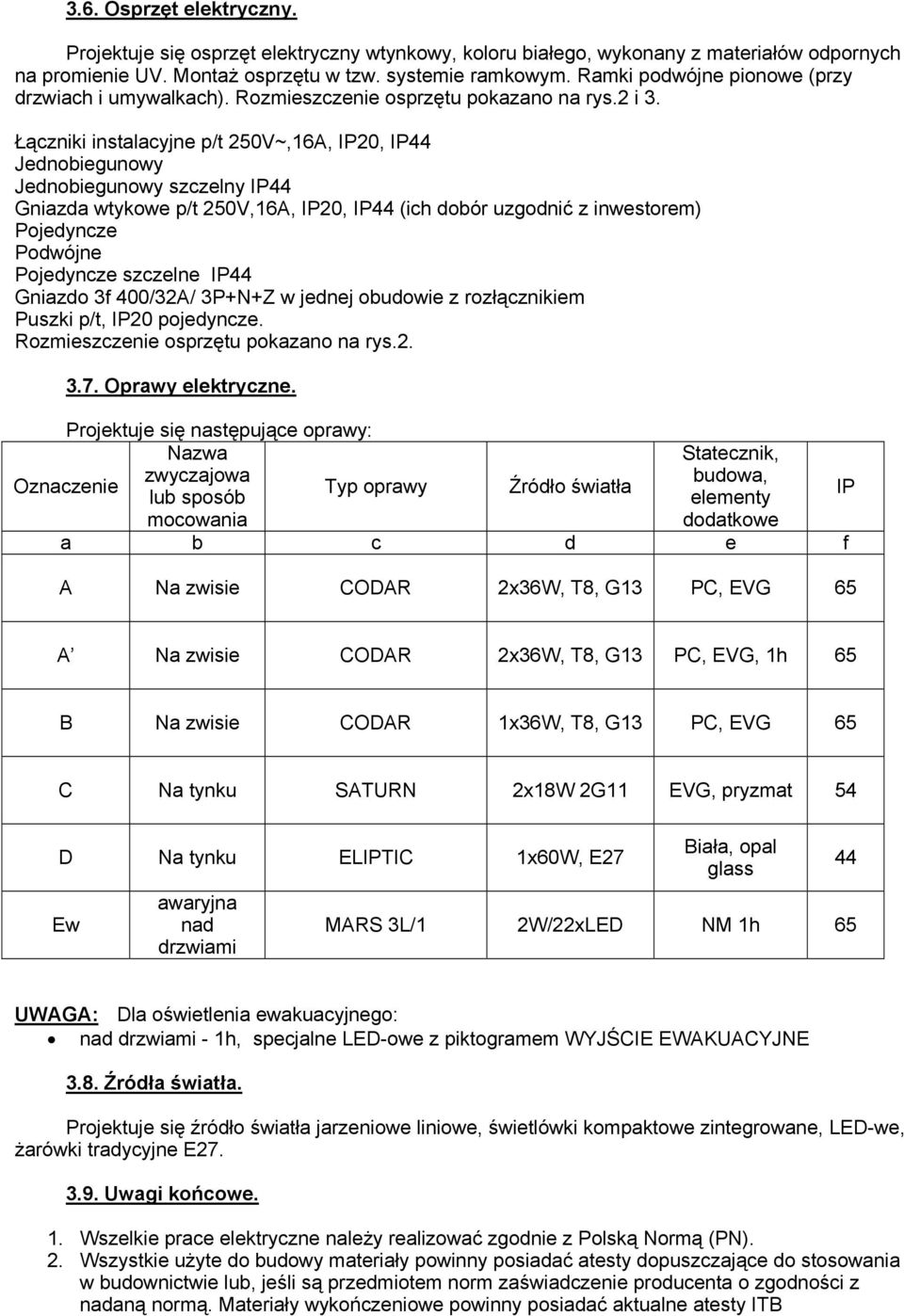 Łączniki instalacyjne p/t 250V~,16A, IP20, IP44 Jednobiegunowy Jednobiegunowy szczelny IP44 Gniazda wtykowe p/t 250V,16A, IP20, IP44 (ich dobór uzgodnić z inwestorem) Pojedyncze Podwójne Pojedyncze