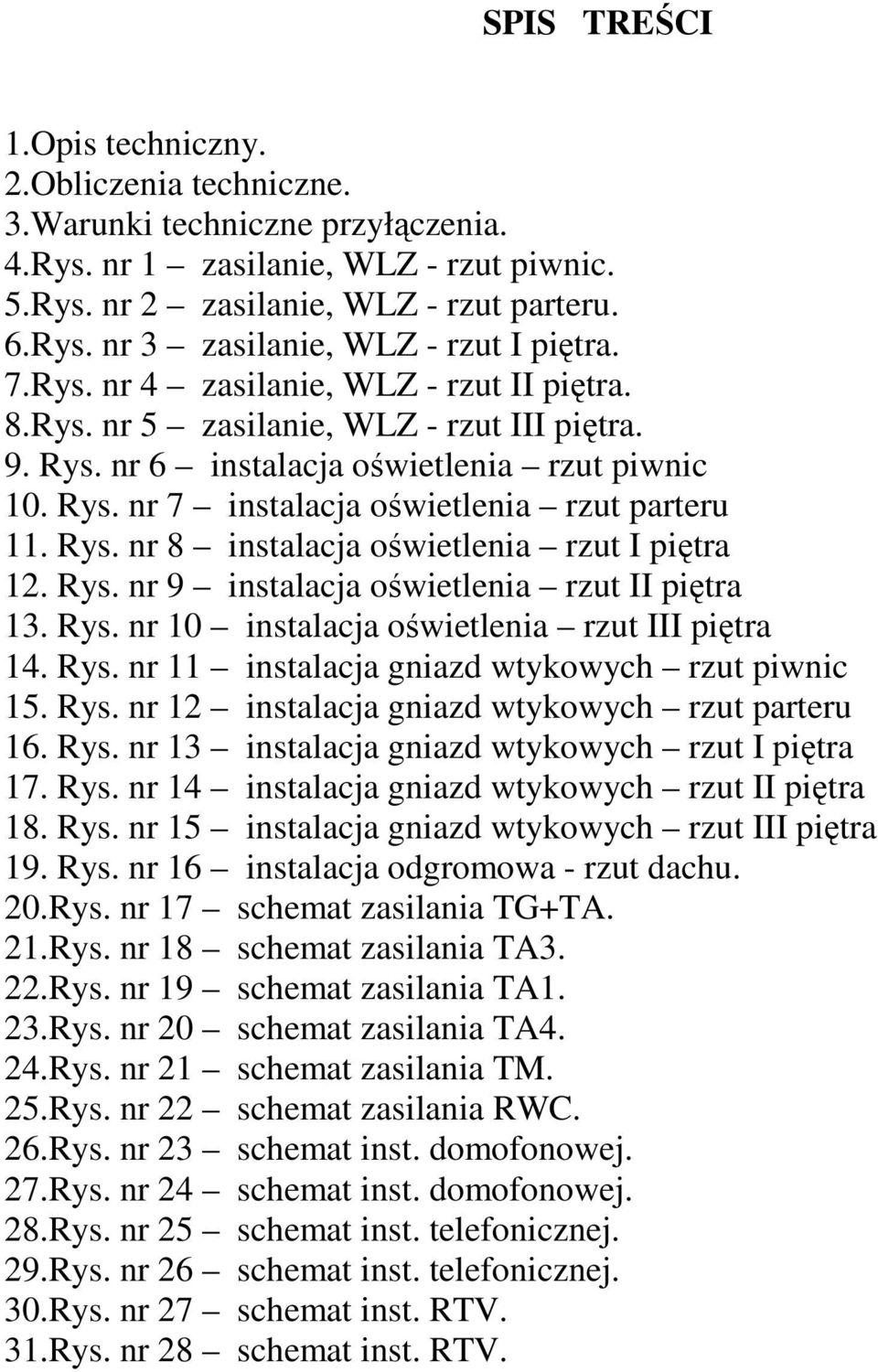 Rys. nr 9 instalacja oświetlenia rzut II piętra 13. Rys. nr 10 instalacja oświetlenia rzut III piętra 14. Rys. nr 11 instalacja gniazd wtykowych rzut piwnic 15. Rys. nr 12 instalacja gniazd wtykowych rzut parteru 16.