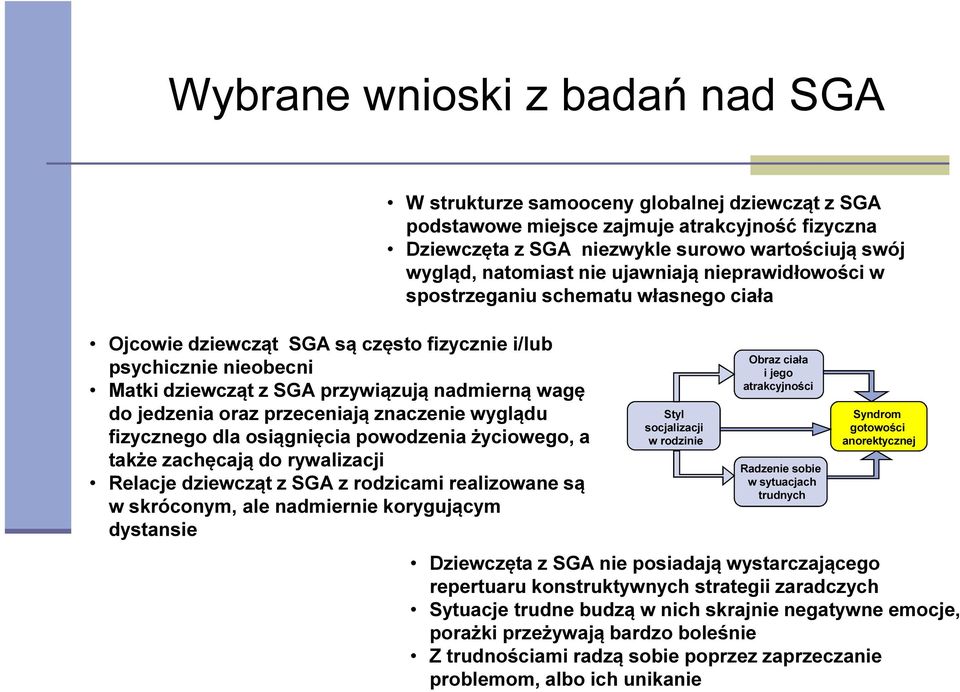 jedzenia oraz przeceniają znaczenie wyglądu fizycznego dla osiągnięcia powodzenia życiowego, a także zachęcają do rywalizacji Relacje dziewcząt z SGA z rodzicami realizowane są w skróconym, ale