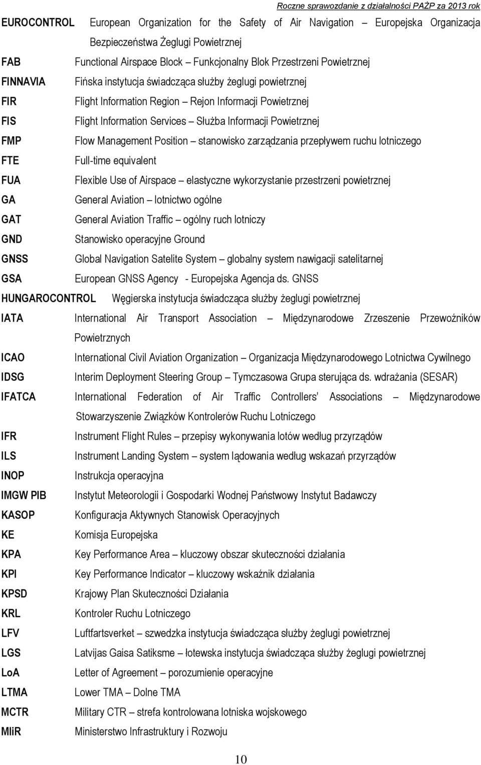 Management Position stanowisko zarządzania przepływem ruchu lotniczego FTE Full-time equivalent FUA Flexible Use of Airspace elastyczne wykorzystanie przestrzeni powietrznej GA General Aviation