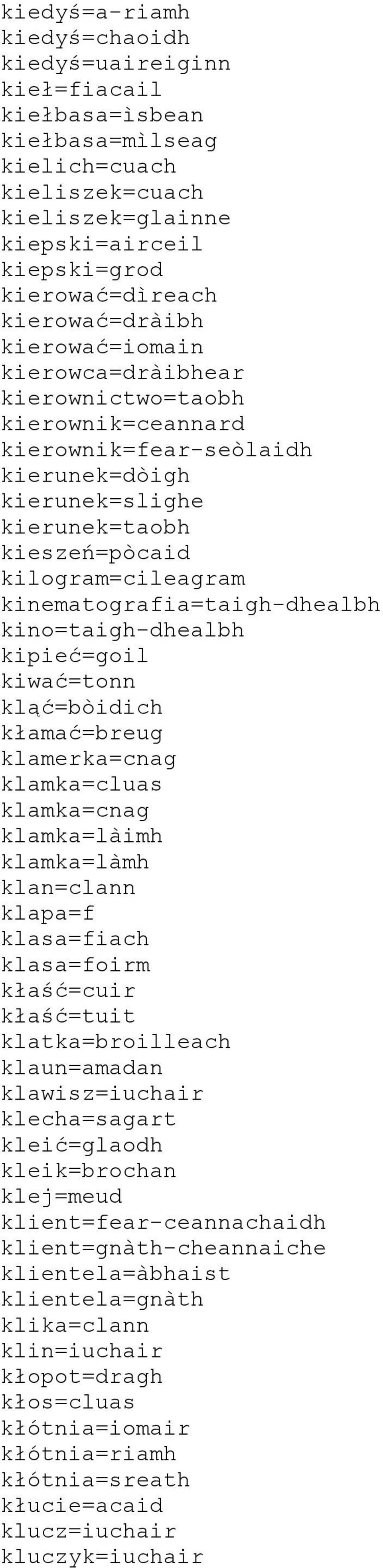kinematografia=taigh-dhealbh kino=taigh-dhealbh kipieć=goil kiwać=tonn kląć=bòidich kłamać=breug klamerka=cnag klamka=cluas klamka=cnag klamka=làimh klamka=làmh klan=clann klapa=f klasa=fiach