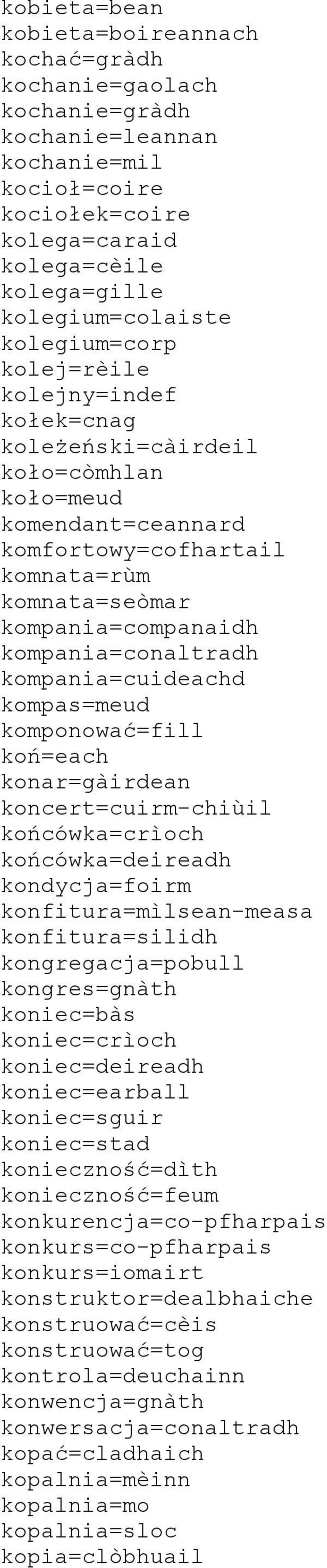 kompania=conaltradh kompania=cuideachd kompas=meud komponować=fill koń=each konar=gàirdean koncert=cuirm-chiùil końcówka=crìoch końcówka=deireadh kondycja=foirm konfitura=mìlsean-measa