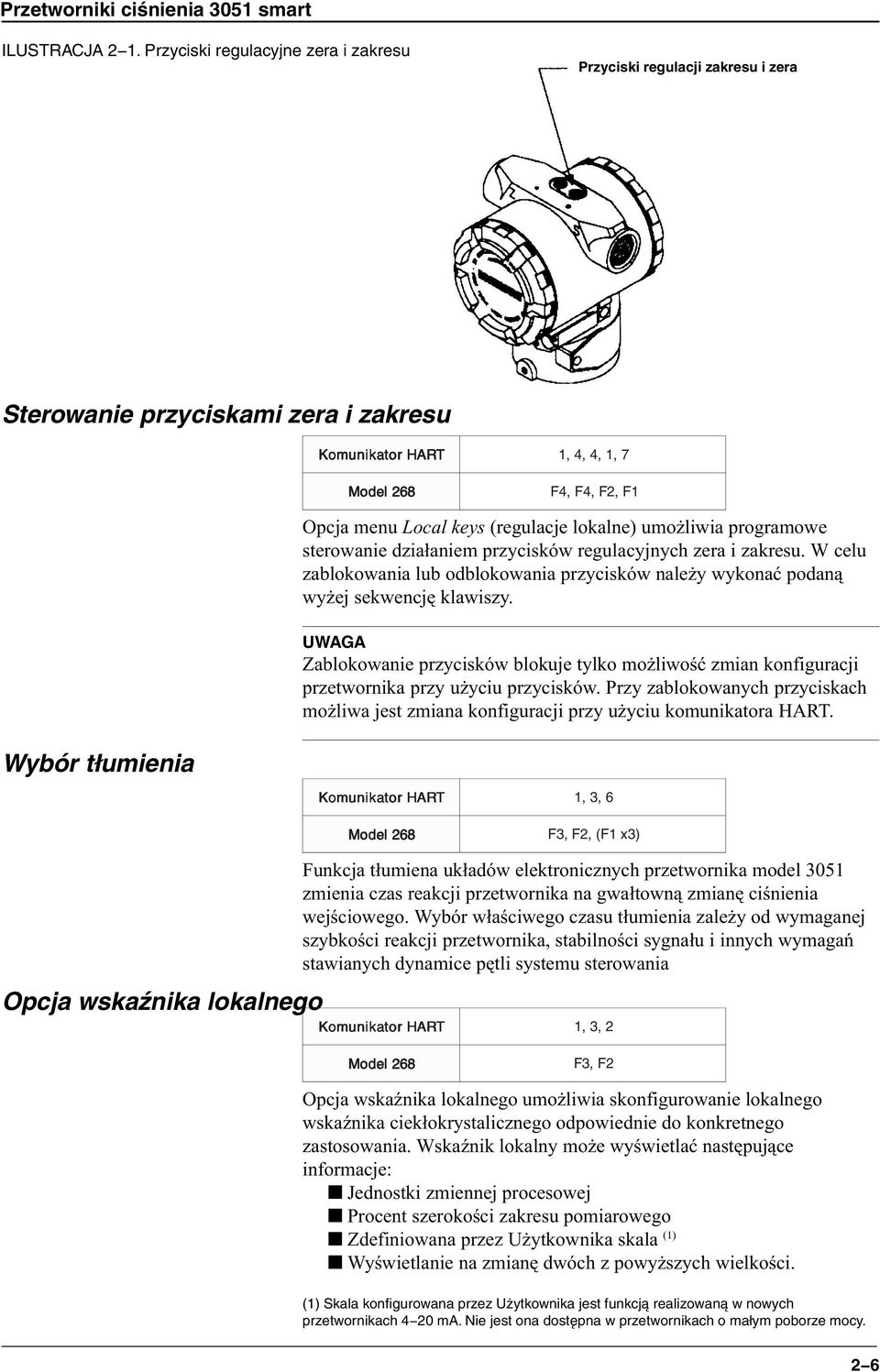 F4, F2, F1 Opcja menu Local keys (regulacje lokalne) umo liwia programowe sterowanie dzia³aniem przycisków regulacyjnych zera i zakresu.