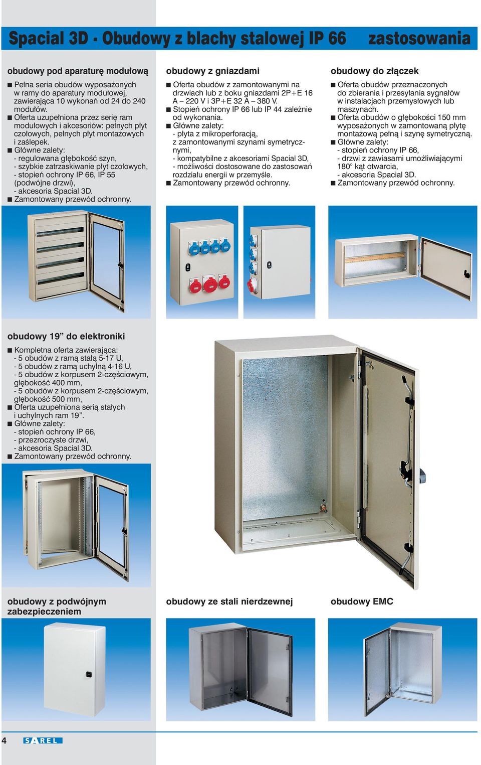 G ówne zalety: - regulowana g bokoêç szyn, - szybkie zatrzaskiwanie p yt czo owych, - stopieƒ ochrony IP 66, IP 55 (podwójne drzwi), - akcesoria Spacial 3D. Zamontowany przewód ochronny.