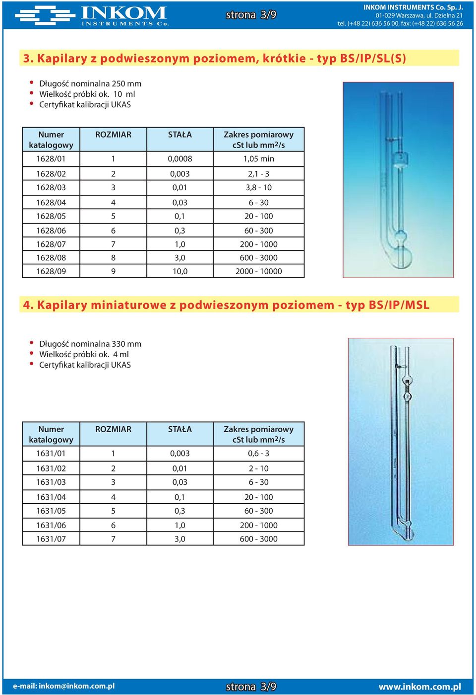 1628/08 8 3,0 600-3000 1628/09 9 10,0 2000-10000 4. Kapilary miniaturowe z podwieszonym poziomem - typ BS/IP/MSL Długość nominalna 330 mm Wielkość próbki ok.