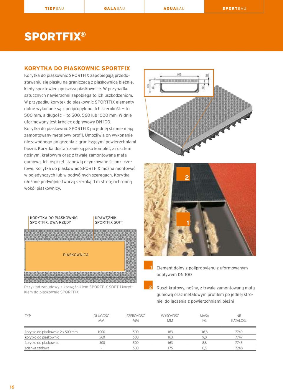 Ich szerokość to 500 mm, a długość to 500, 560 lub 1000 mm. W dnie uformowany jest króciec odpływowy DN 100. Korytka do piaskownic SPORTFIX po jednej stronie mają zamontowany metalowy profil.