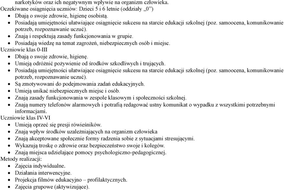 Posiadają wiedzę na temat zagrożeń, niebezpiecznych osób i miejsc. Uczniowie klas 0-III Dbają o swoje zdrowie, higienę. Umieją odróżnić pożywienie od środków szkodliwych i trujących.