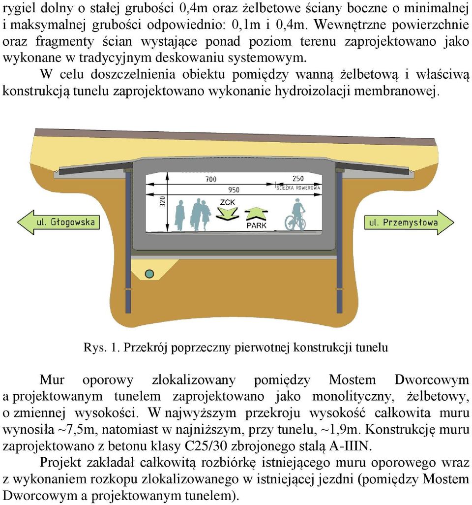W celu doszczelnienia obiektu pomiędzy wanną żelbetową i właściwą konstrukcją tunelu zaprojektowano wykonanie hydroizolacji membranowej. Rys. 1.
