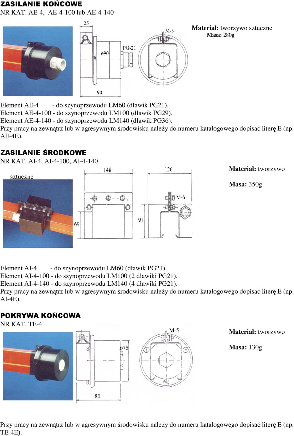 AI-4, AI-4-100, AI-4-140 sztuczne Materiał: tworzywo Masa: 350g Element AI-4 - do szynoprzewodu LM60 (dławik PG21).