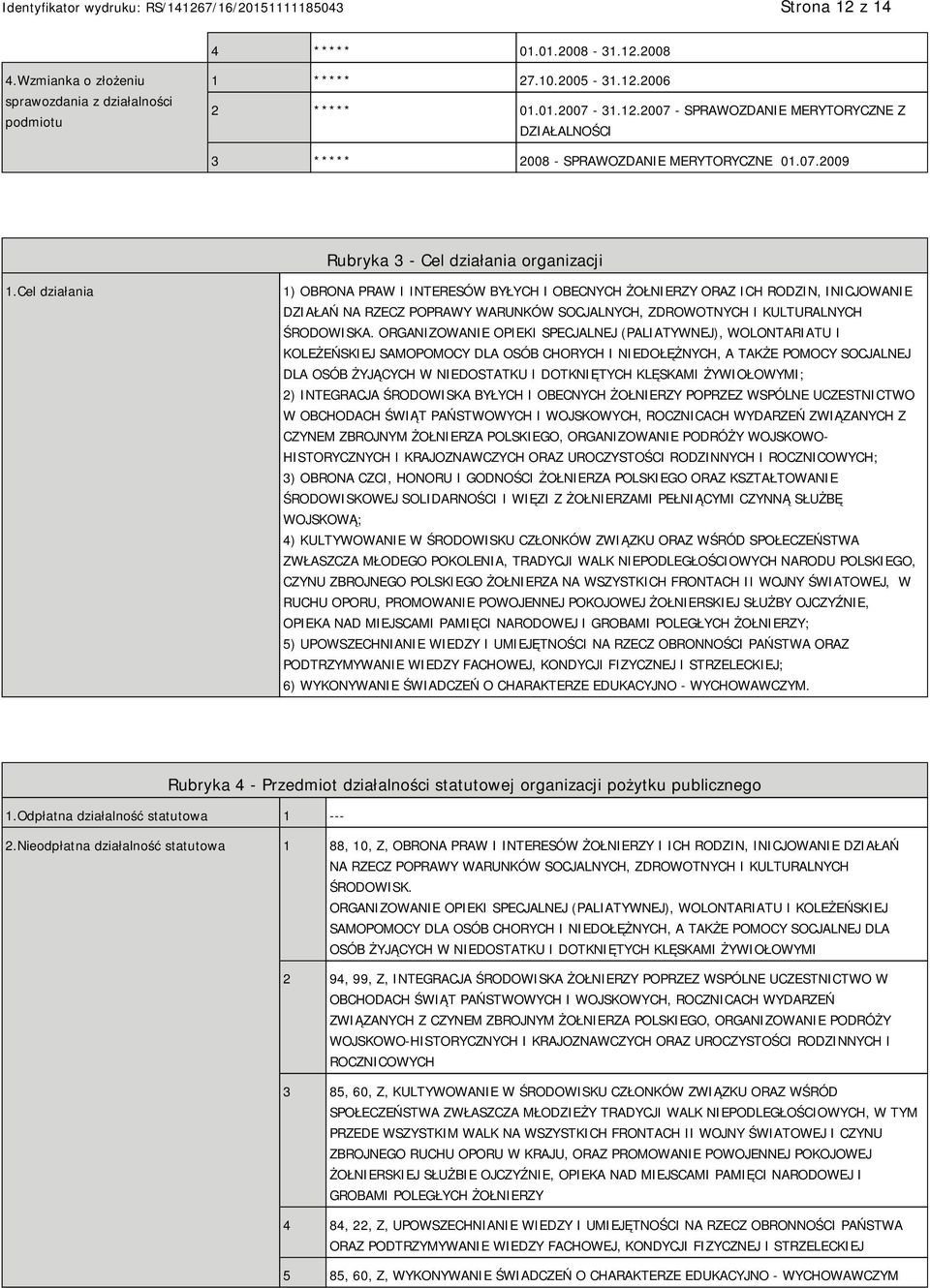 Cel działania 1) OBRONA PRAW I INTERESÓW BYŁYCH I OBECNYCH ŻOŁNIERZY ORAZ ICH RODZIN, INICJOWANIE DZIAŁAŃ NA RZECZ POPRAWY WARUNKÓW SOCJALNYCH, ZDROWOTNYCH I KULTURALNYCH ŚRODOWISKA.