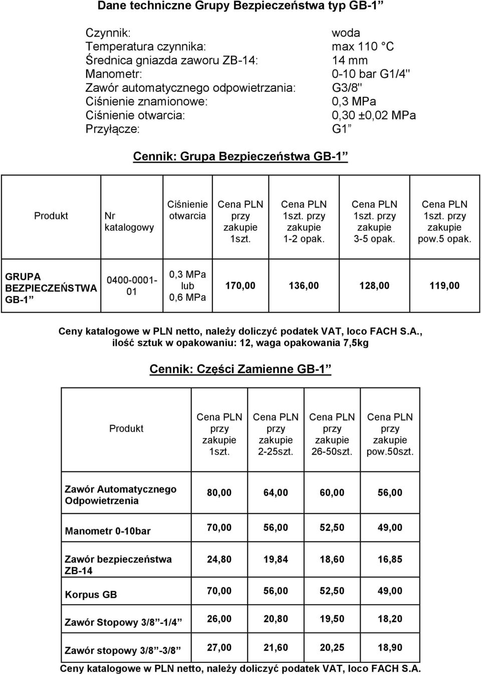 5 opak. GRUPA BEZPIECZEŃSTWA GB-1 0400-0001- 01 0,3 MPa lub 0,6 MPa 170,00 136,00 128,00 119,00 Ceny katalogowe w PLN netto, należy doliczyć podatek VAT, loco FACH S.A., ilość sztuk w opakowaniu: 12, waga opakowania 7,5kg Cennik: Części Zamienne GB-1 Produkt 1szt.