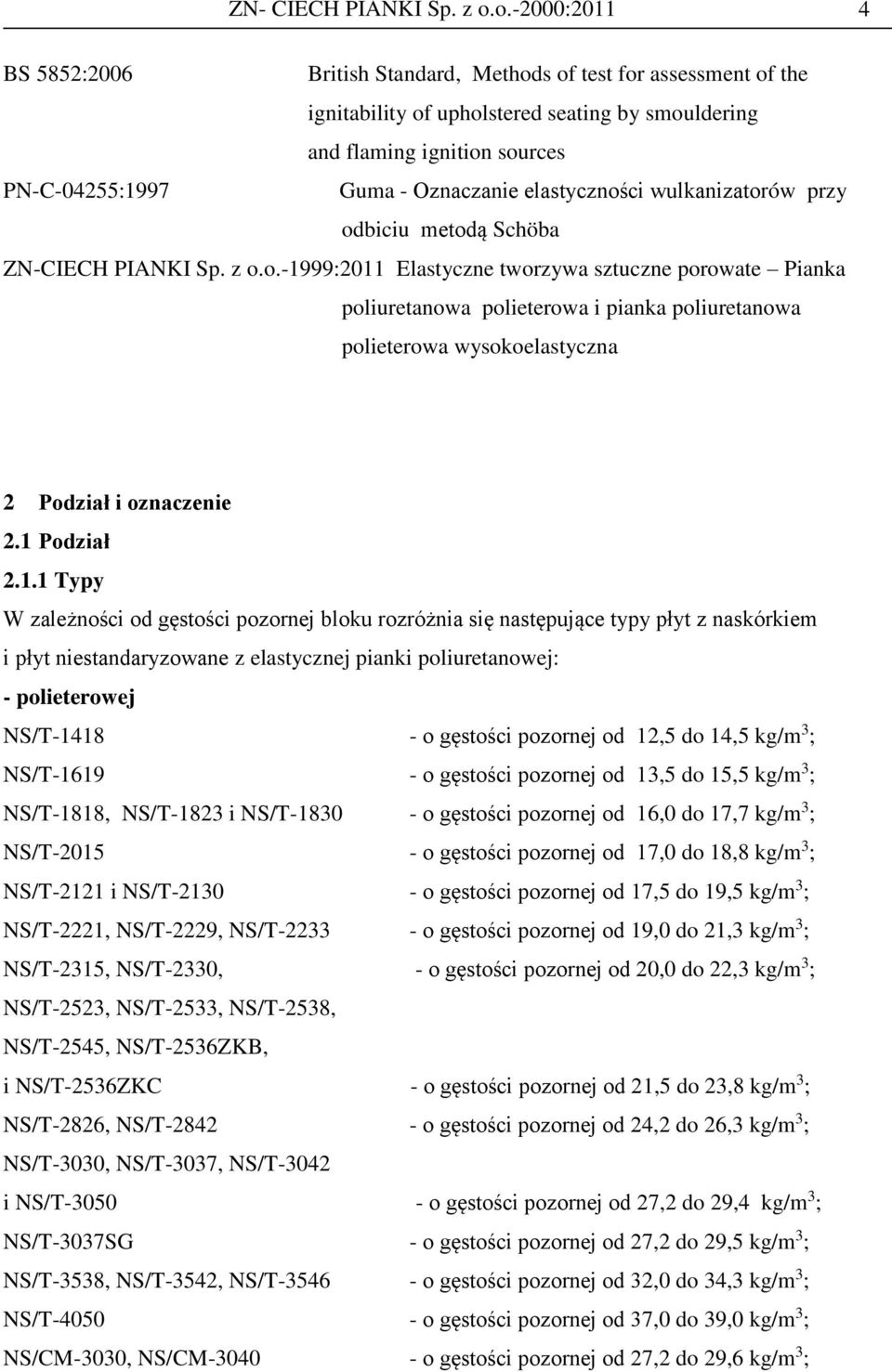 elastyczności wulkanizatorów przy odbiciu metodą Schöba ZN-CIECH PIANKI Sp. z o.o.-1999:2011 Elastyczne tworzywa sztuczne porowate Pianka poliuretanowa polieterowa i pianka poliuretanowa polieterowa wysokoelastyczna 2 Podział i oznaczenie 2.