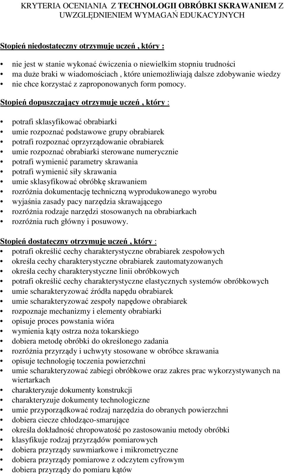 Stopień dopuszczający otrzymuje uczeń, który : potrafi sklasyfikować obrabiarki umie rozpoznać podstawowe grupy obrabiarek potrafi rozpoznać oprzyrządowanie obrabiarek umie rozpoznać obrabiarki