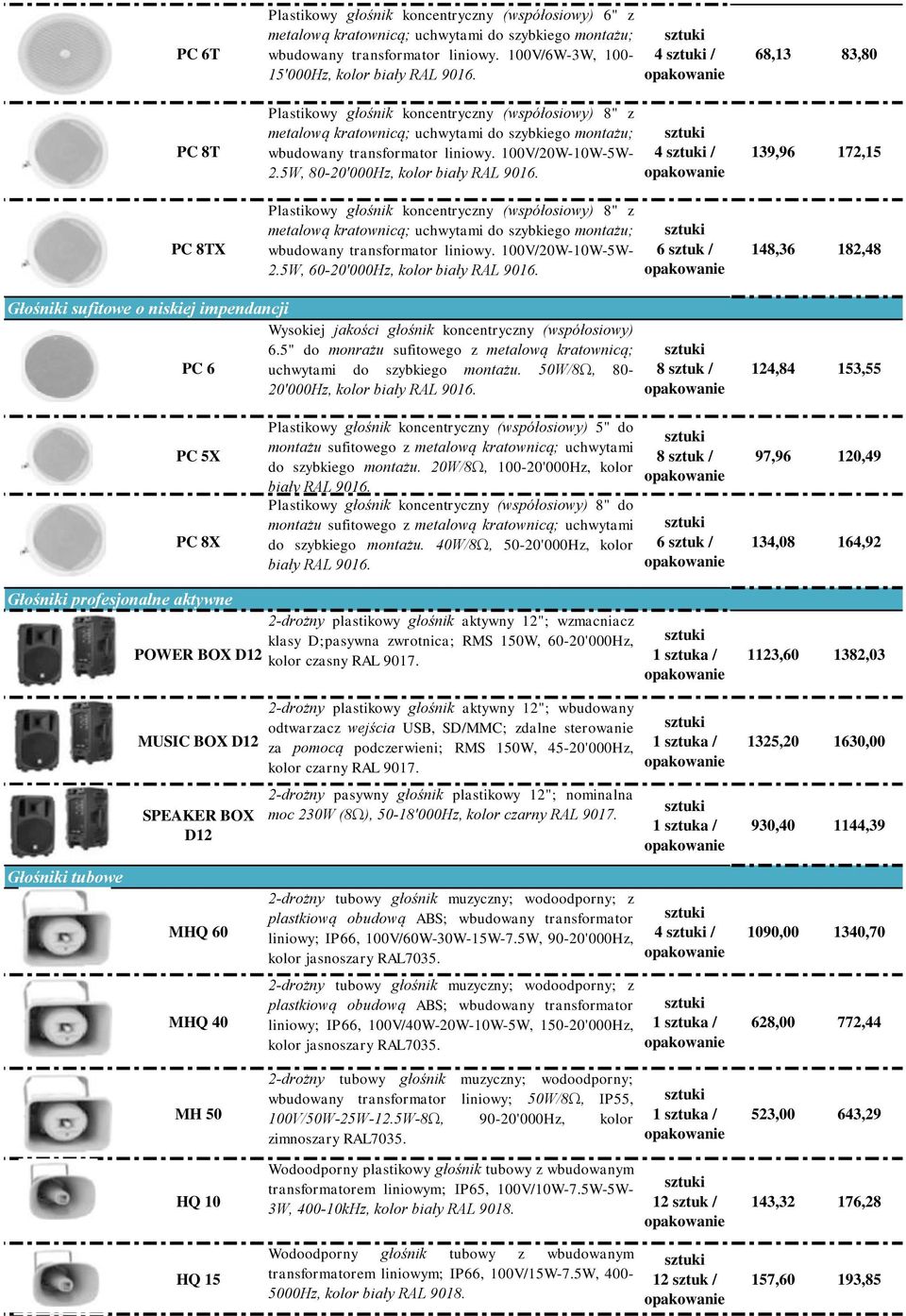 5W, 80-20'000Hz, kolor Plastikowy głośnik koncentryczny (współosiowy) 8" z metalową kratownicą; uchwytami do szybkiego montażu; wbudowany transformator liniowy. 100V/20W-10W-5W- 2.