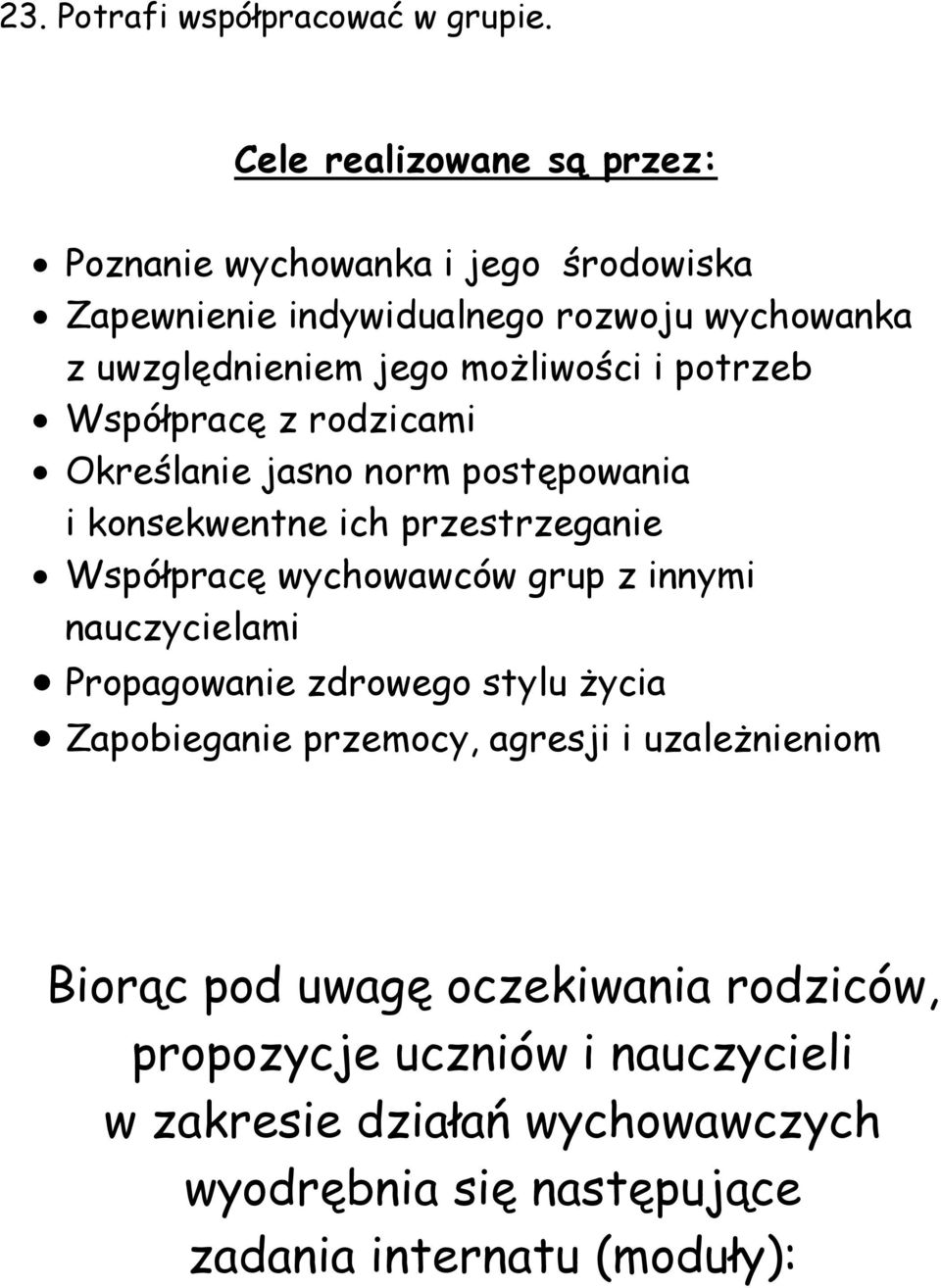 i potrzeb Współpracę z rodzicami Określanie jasno norm postępowania i konsekwentne ich przestrzeganie Współpracę wychowawców grup z innymi