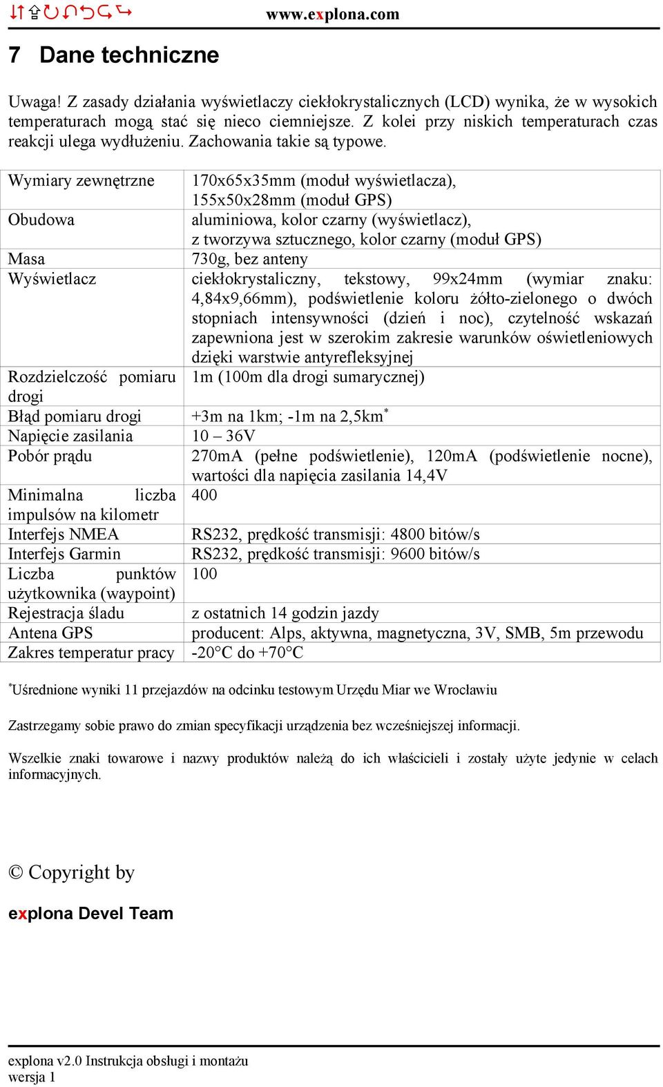 Wymiary zewnętrzne 170x65x35mm (moduł wyświetlacza), 155x50x28mm (moduł GPS) Obudowa aluminiowa, kolor czarny (wyświetlacz), z tworzywa sztucznego, kolor czarny (moduł GPS) Masa 730g, bez anteny