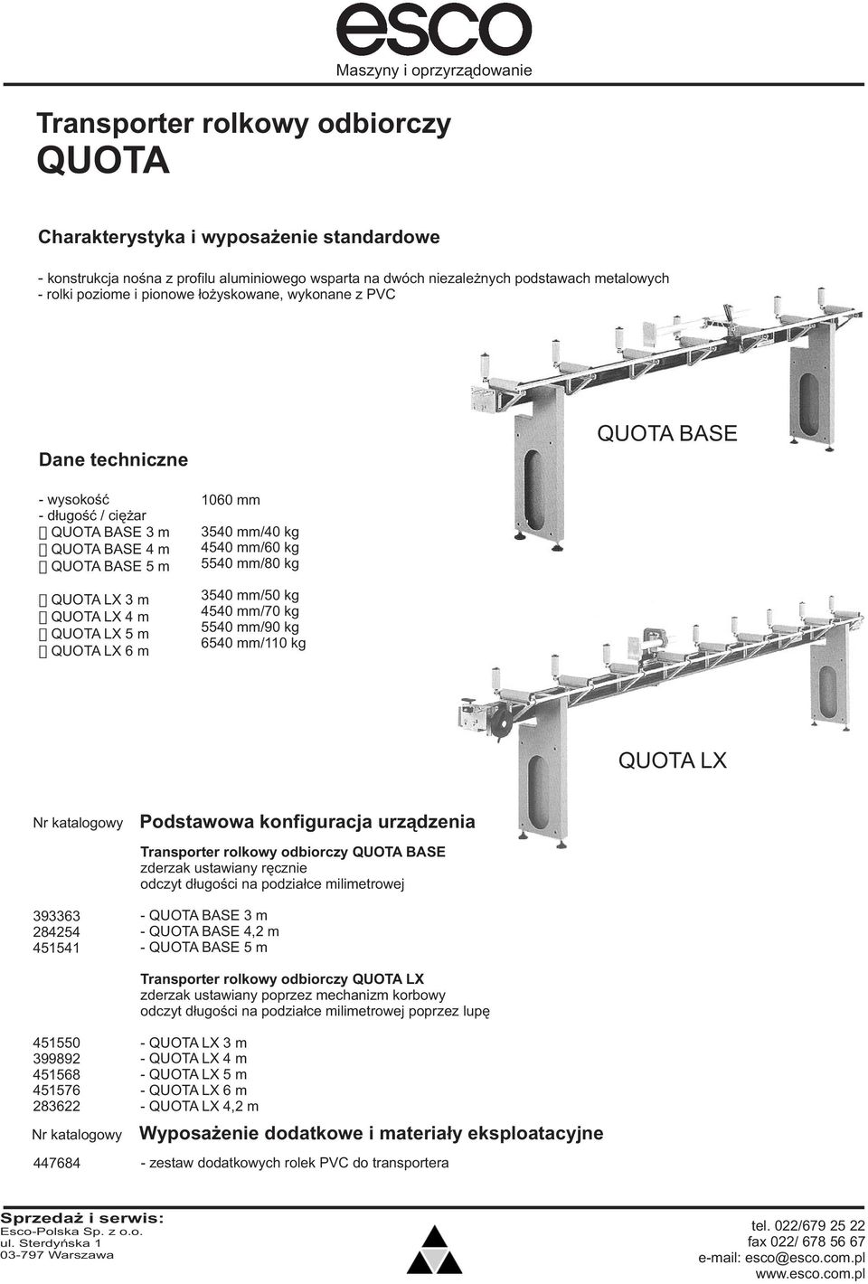 kg 5540 mm/90 kg 6540 mm/110 kg QUOTA LX 393363 284254 451541 Transporter rolkowy odbiorczy QUOTA BASE zderzak ustawiany rêcznie odczyt d³ugoœci na podzia³ce milimetrowej QUOTA BASE 3 m QUOTA BASE