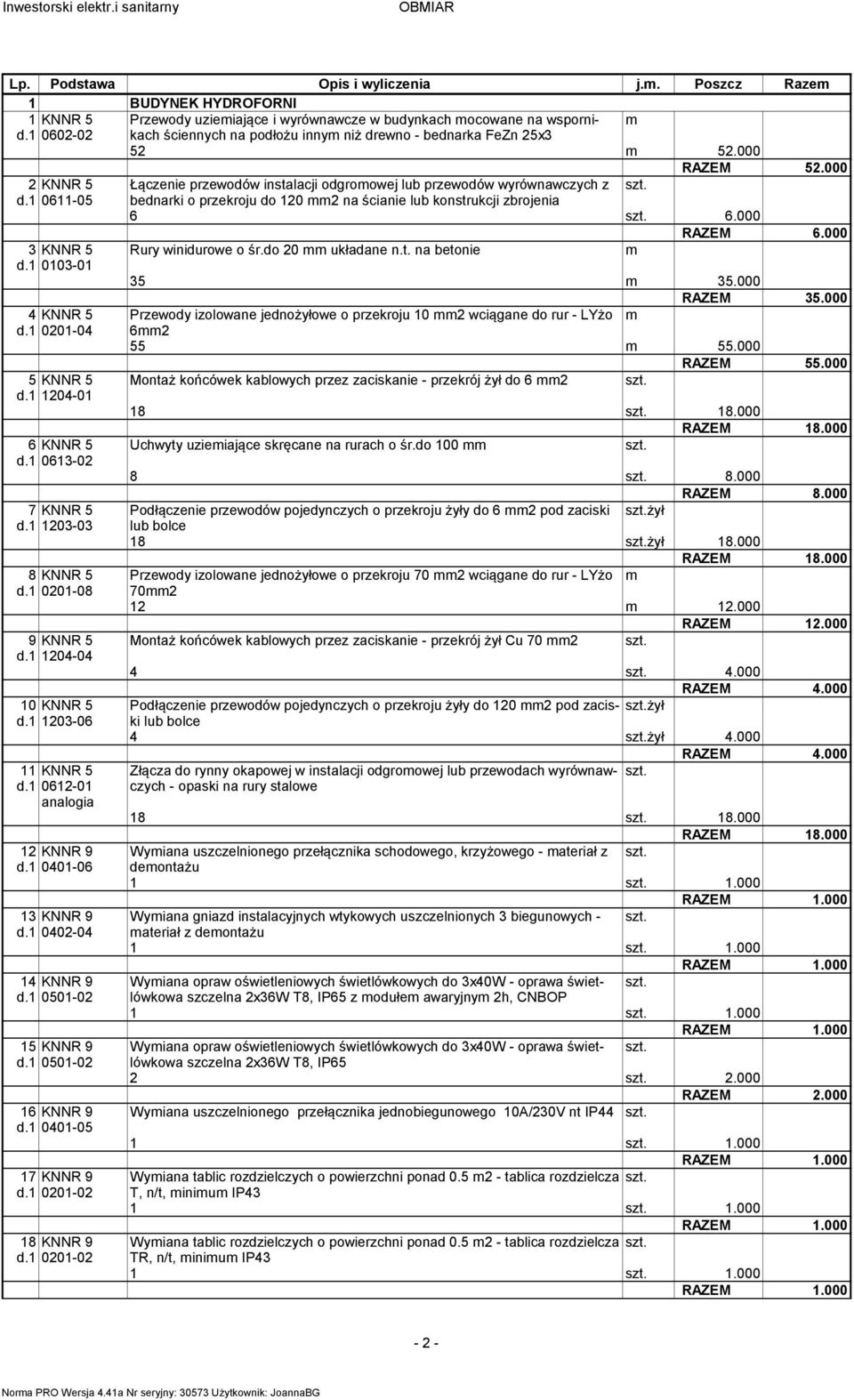 1 0611-05 bednarki o przekroju do 120 2 na ścianie lub konstrukcji zbrojenia 6 6.000 3 KNNR 5 Rury winidurowe o śr.do 20 układane n.t. na betonie d.1 0103-01 35 35.000 RAZEM 35.