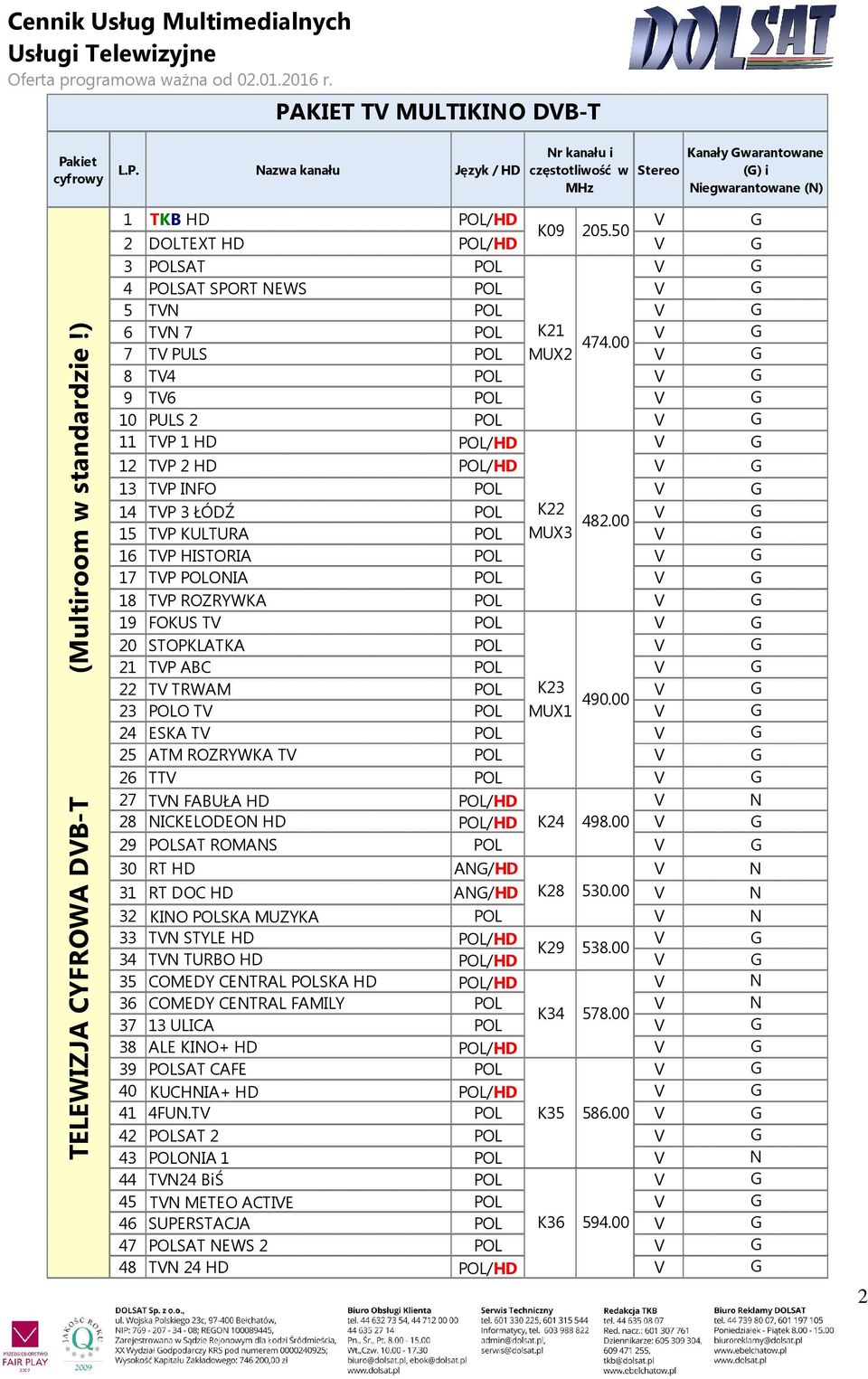 00 V G 8 TV4 POL V G 9 TV6 POL V G 10 PULS 2 POL V G 11 TVP 1 HD POL/HD V G 12 TVP 2 HD POL/HD V G 13 TVP INFO POL V G 14 TVP 3 ŁÓDŹ POL K22 V G 482.