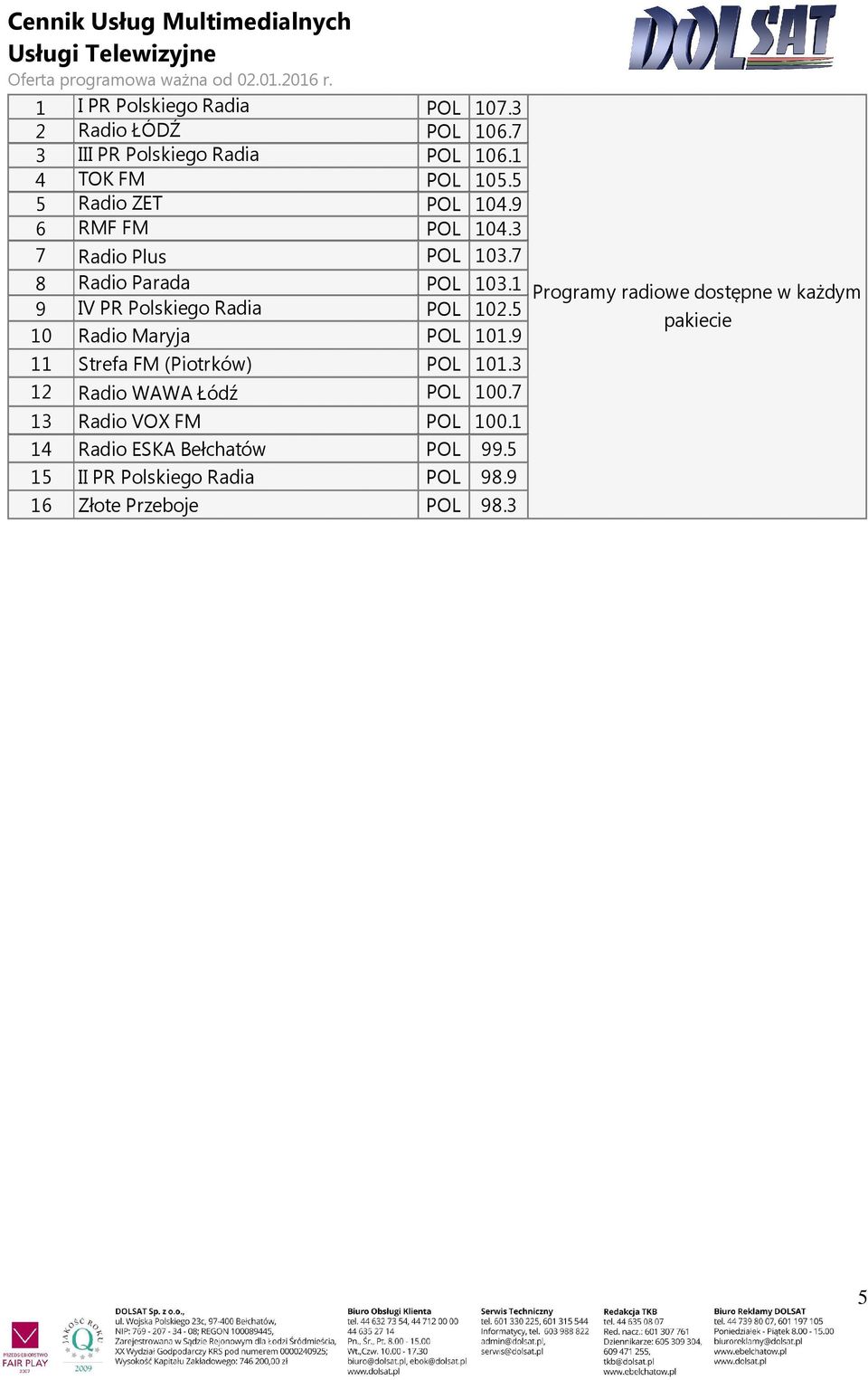 1 9 IV PR Polskiego Radia POL 102.5 10 Radio Maryja POL 101.9 11 Strefa FM (Piotrków) POL 101.