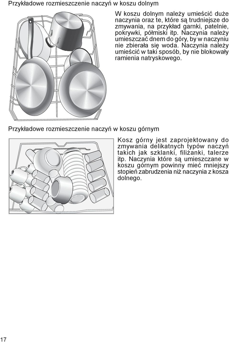 Naczynia należy umieścić w taki sposób, by nie blokowały ramienia natryskowego.
