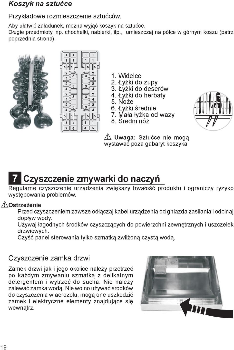 Średni nóż Uwaga: Sztućce nie mogą wystawać poza gabaryt koszyka 7 Czyszczenie zmywarki do naczyń Regularne czyszczenie urządzenia zwiększy trwałość produktu i ograniczy ryzyko występowania problemów.