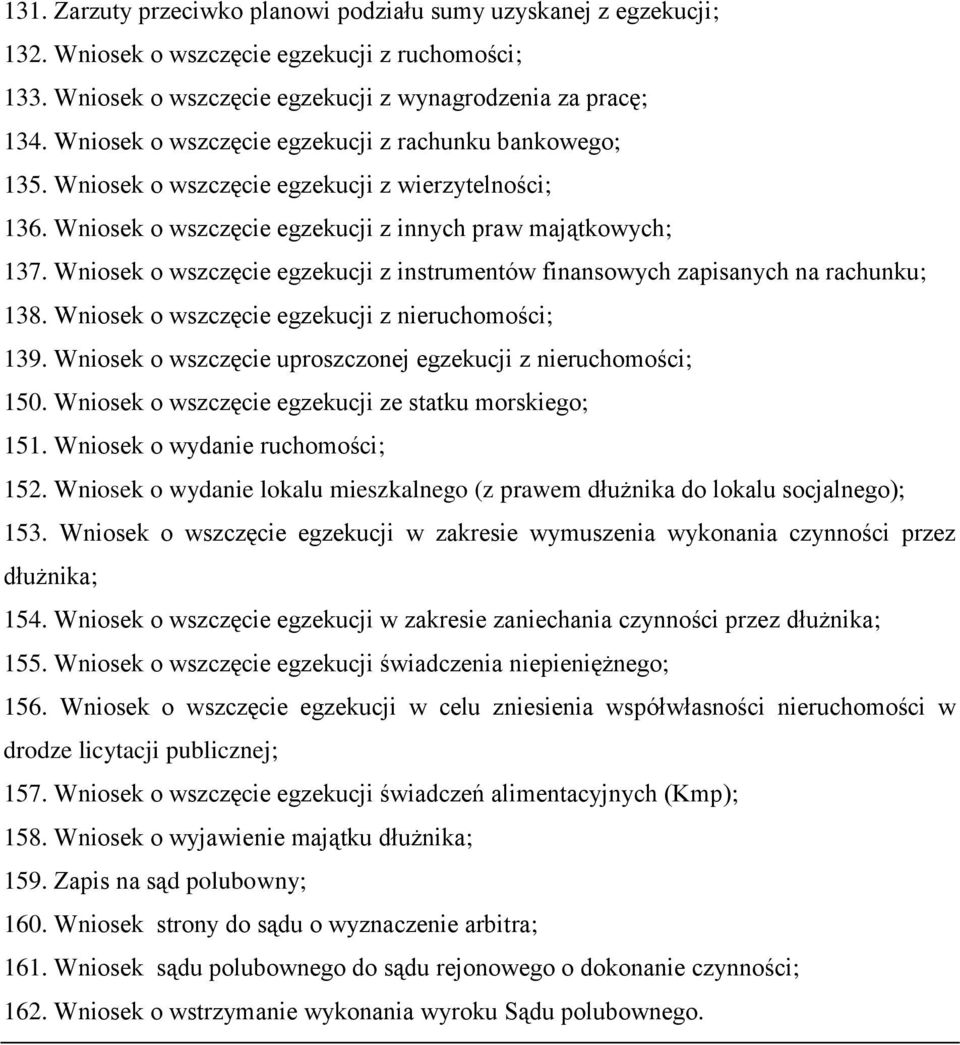 Wniosek o wszczęcie egzekucji z instrumentów finansowych zapisanych na rachunku; 138. Wniosek o wszczęcie egzekucji z nieruchomości; 139.