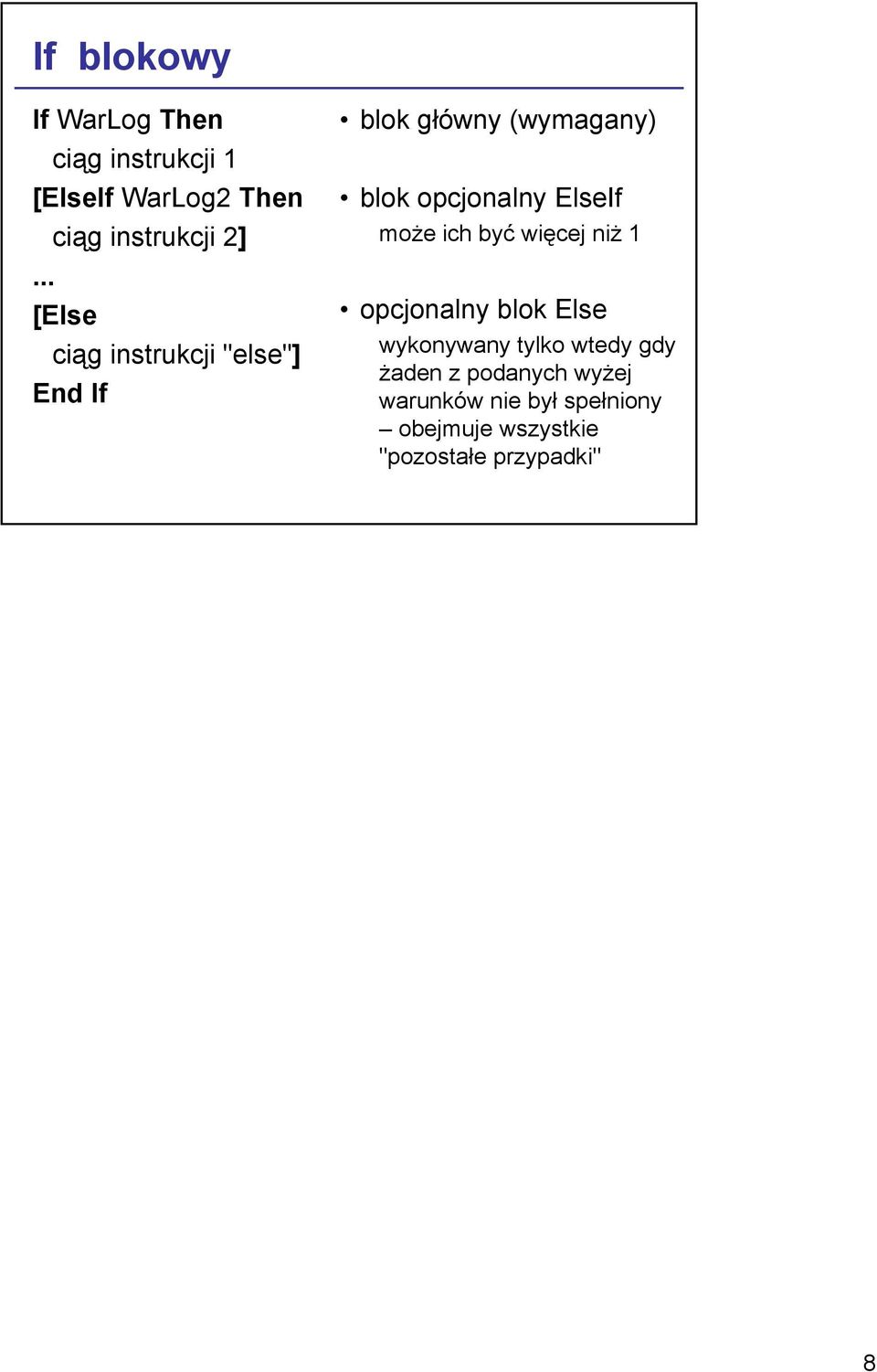 ElseIf może ich być więcej niż 1 opcjonalny blok Else wykonywany tylko wtedy gdy