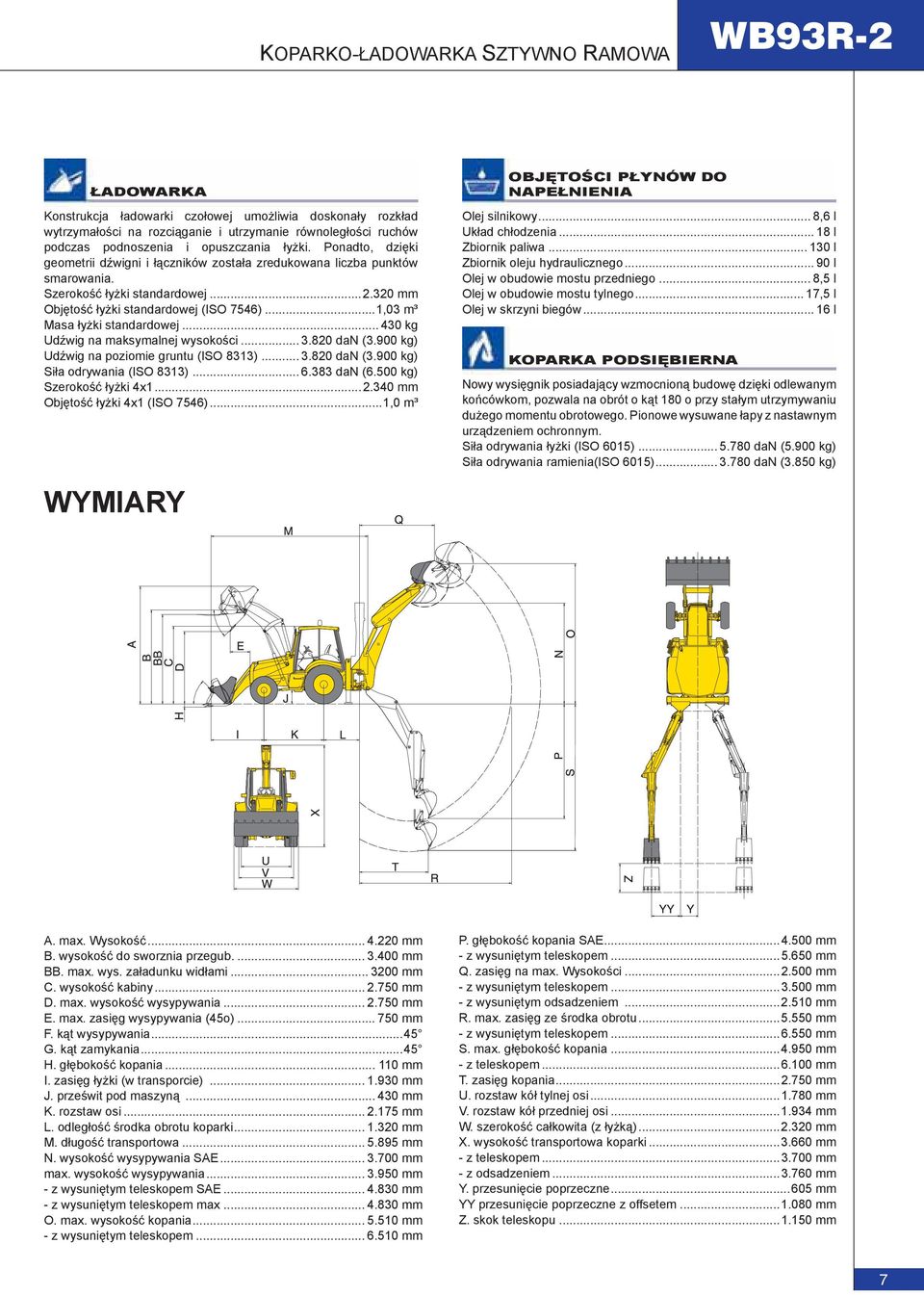 ..1,03 m³ Masa łyżki standardowej... 430 kg Udźwig na maksymalnej wysokości... 3.820 dan (3.900 kg) Udźwig na poziomie gruntu (ISO 8313)... 3.820 dan (3.900 kg) Siła odrywania (ISO 8313)... 6.