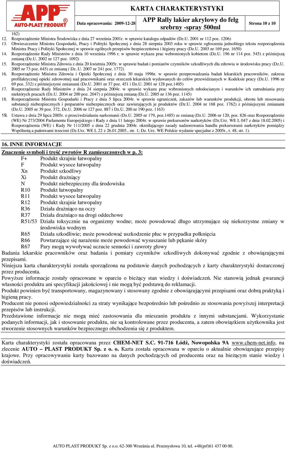ogólnych przepisów bezpieczeństwa i higieny pracy (Dz.U. 2003 nr 169 poz. 1650) 14. Rozporządzenie Rady Ministrów z dnia 10 września 1996 r. w sprawie wykazu prac wzbronionych kobietom (Dz.U. 196 nr 114 poz.