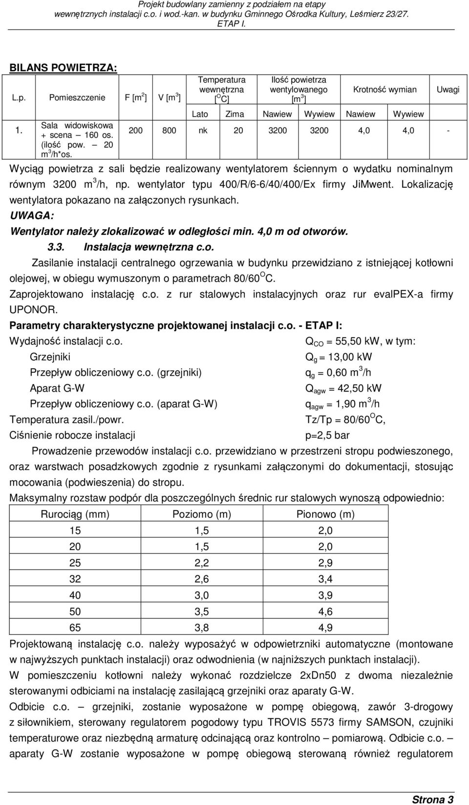 wentylatorem ściennym o wydatku nominalnym równym 3200 m 3 /h, np. wentylator typu 400/R/6-6/40/400/Ex firmy JiMwent. Lokalizację wentylatora pokazano na załączonych rysunkach.