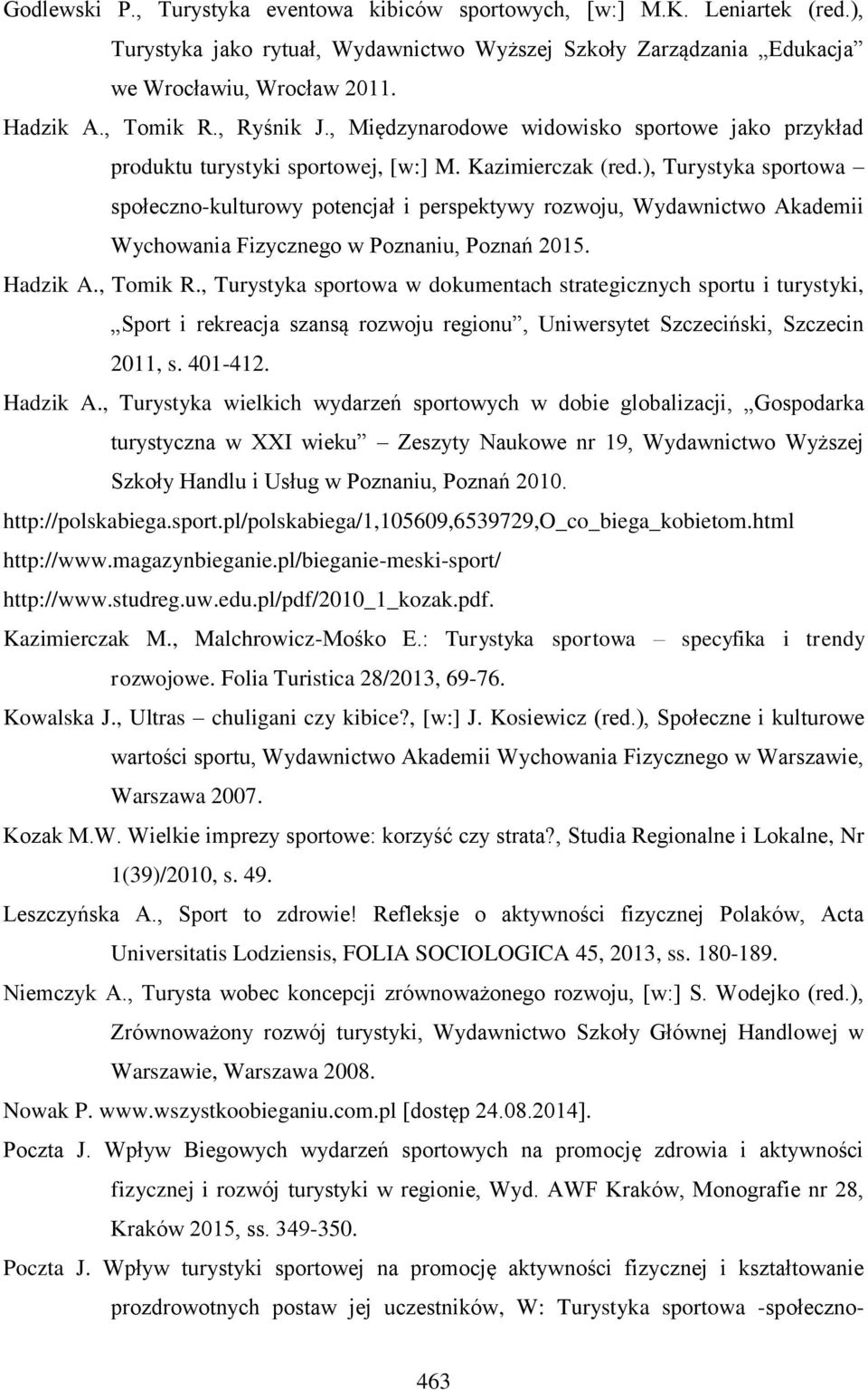 ), Turystyka sportowa społeczno-kulturowy potencjał i perspektywy rozwoju, Wydawnictwo Akademii Wychowania Fizycznego w Poznaniu, Poznań 2015. Hadzik A., Tomik R.