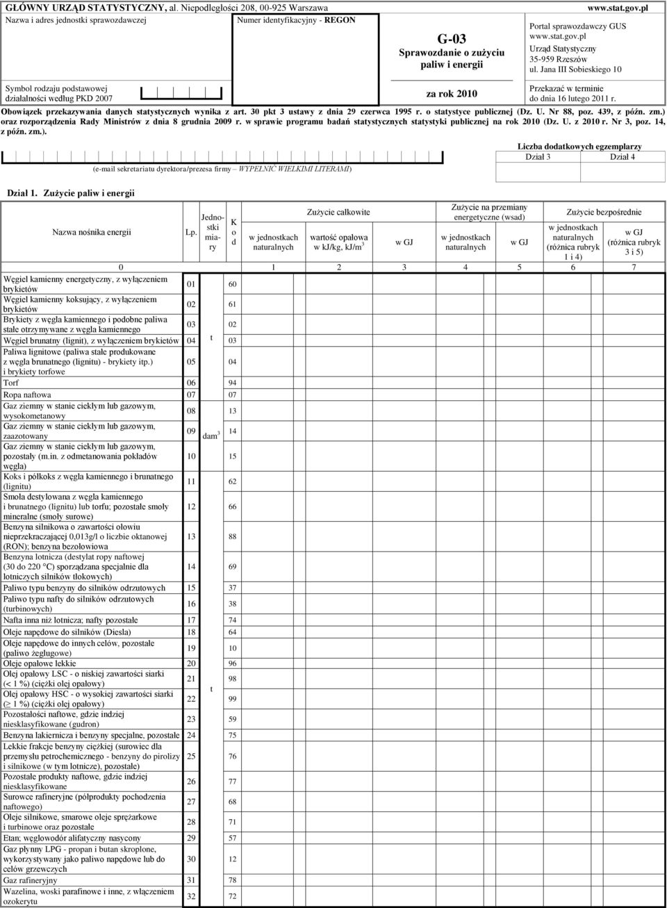 Jana III Sobieskiego 10 Symbol rodzaju podstawowej działalności według PKD 2007 za rok 2010 Przekazać w terminie do dnia 16 lutego 2011 r. Obowiązek przekazywania danych statystycznych wynika z art.