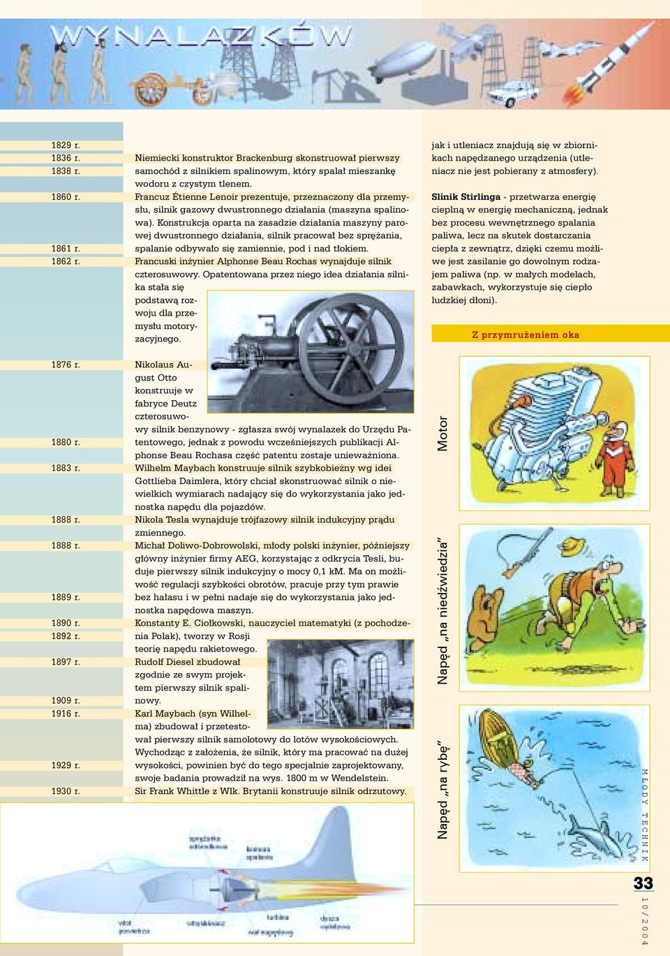 Konstrukcja oparta na zasadzie dzia³ania maszyny parowej dwustronnego dzia³ania, silnik pracowa³ bez sprê ania, spalanie odbywa³o siê zamiennie, pod i nad t³okiem.