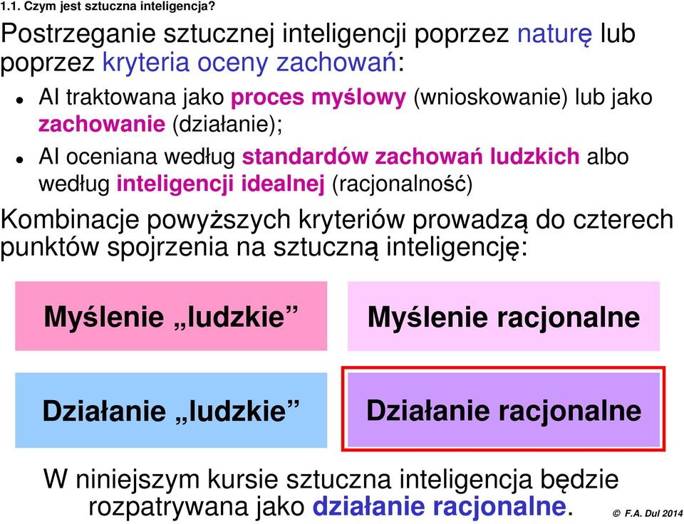 jako zachowanie (działanie); AI oceniana według standardów zachowań ludzkich albo według inteligencji idealnej (racjonalność) Kombinacje